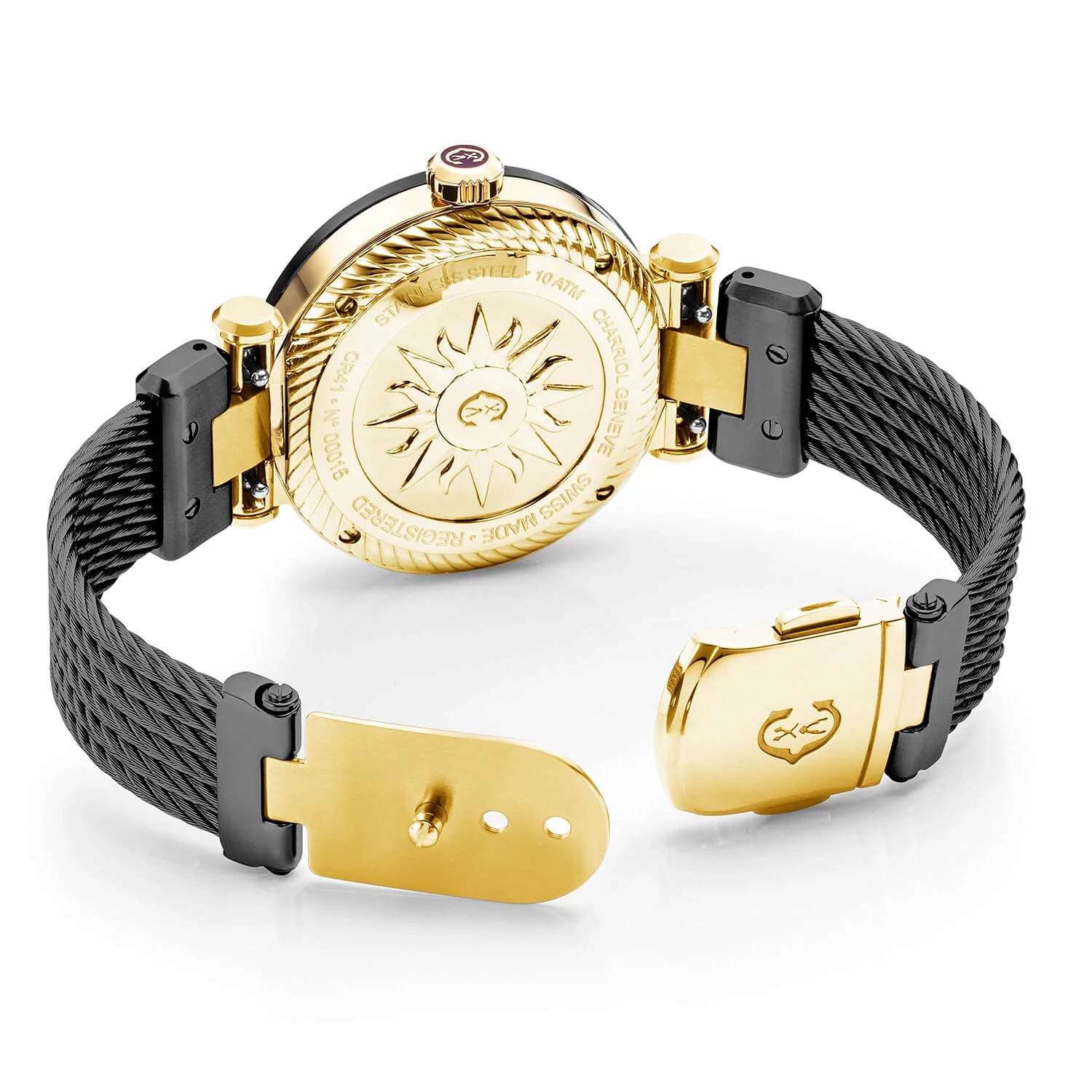 NAVIGATOR CRUISE, 41MM, CUARZO CALIBRE, NEGRO CON 2 ÁRBITROS AMARILLOS Y 9 ÍNDICES, ACERO NEGRO PVD "CHARRIOL CHARRIOL " CON 2 TORNILLOS BEZEL, ACERO NEGRO PVD PULSERA INTERCAMBIABLE CON ORO AMARILLO - © 2024 Charriol - Watch