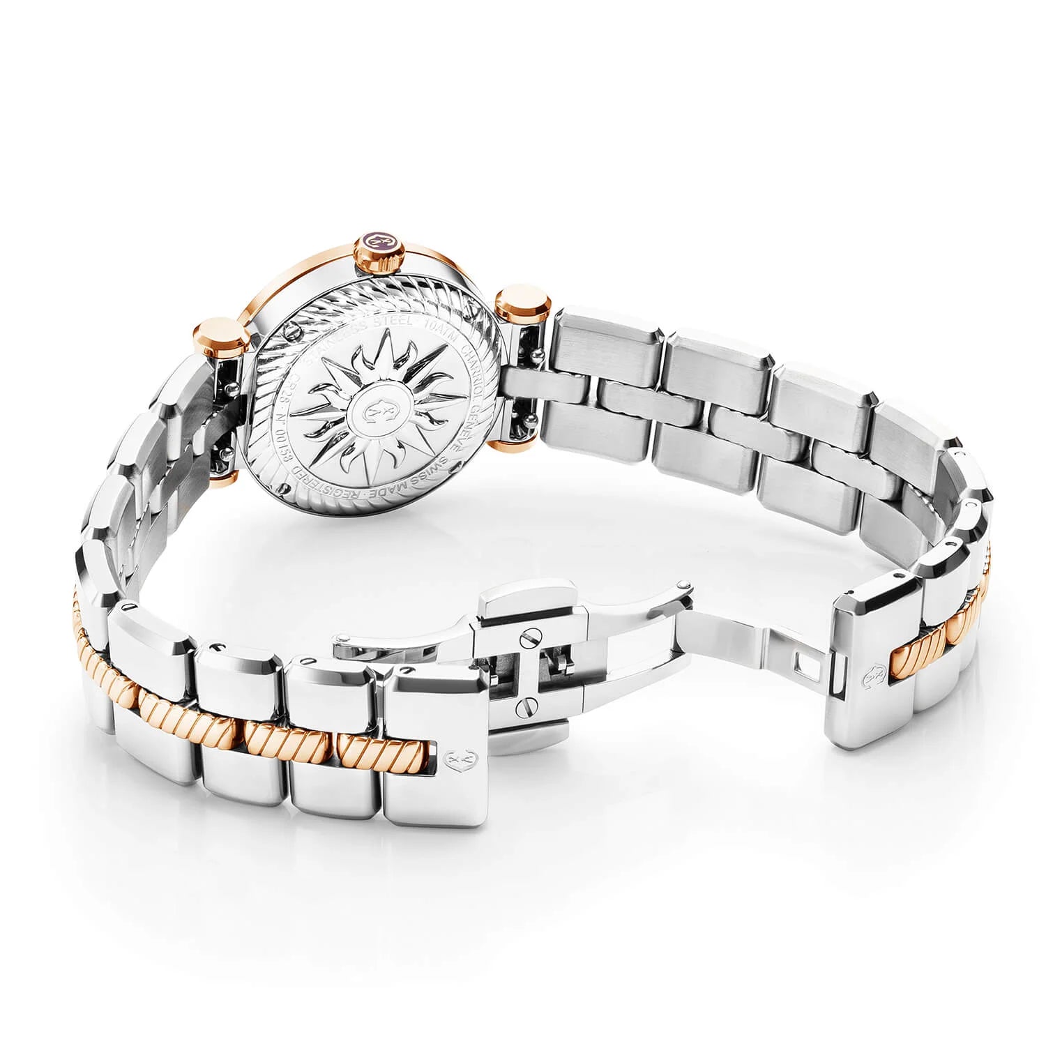 NAVIGATOR CRUISE, 28MM, CALIBRE CUARZO, PERLA BLANCA CON DIAL DE ÍNDICE EN PVD ORO ROSA, PVD ORO ROSA ACEROCHARRIOL CHARRIOL" CON BISEL DE 2 TORNILLOS, PULSERA INTERCAMBIABLE DE METAL BICOLOR - © 2024 Charriol - Reloj