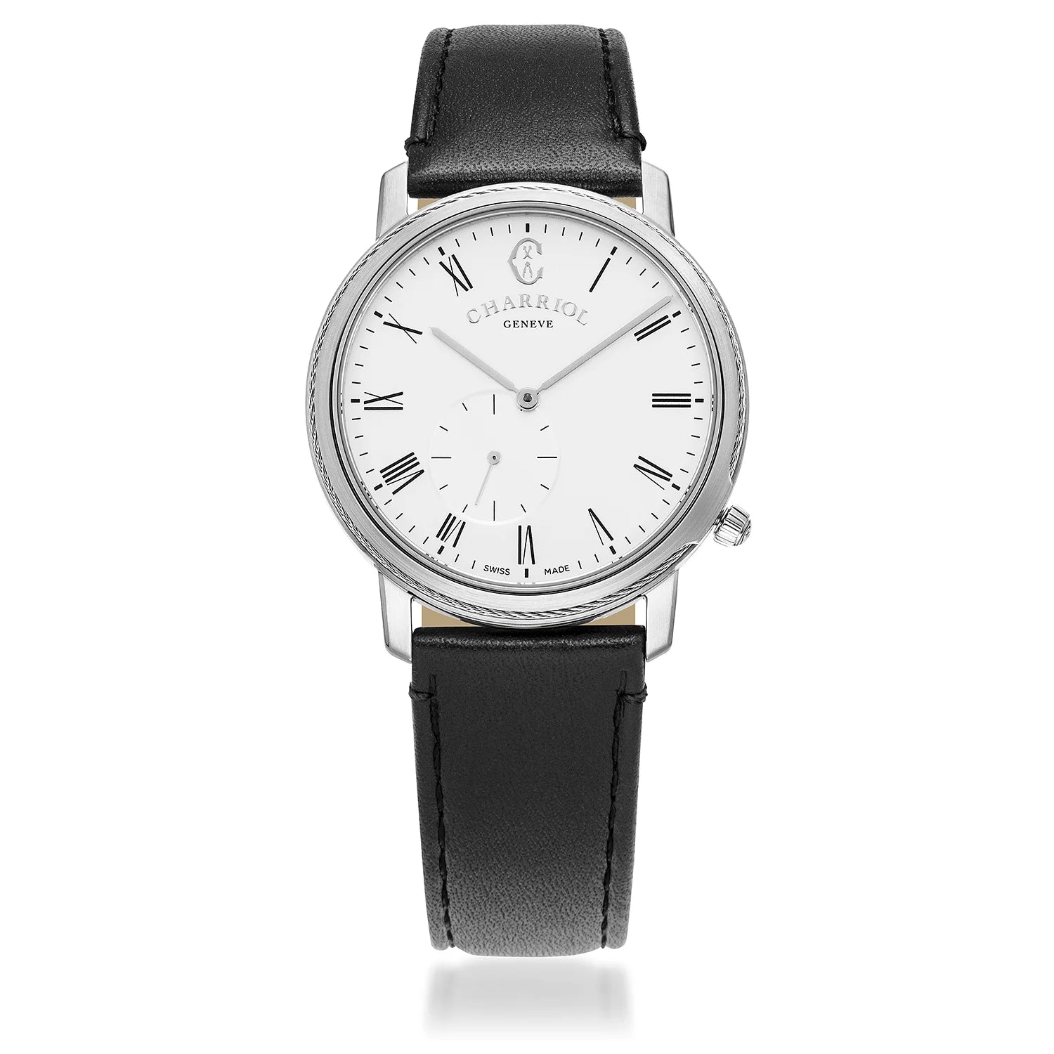 CELTIC® LEGACY, 40MM, QUARTZ CALIBRE, STEEL BEZEL, WHITE WITH ROMAN NUMERALS DIAL, BLACK GENUINE LEATHER BRACELET - BLACK FRIDAY - ©2024 Philippe Charriol International Ltd. - Watch