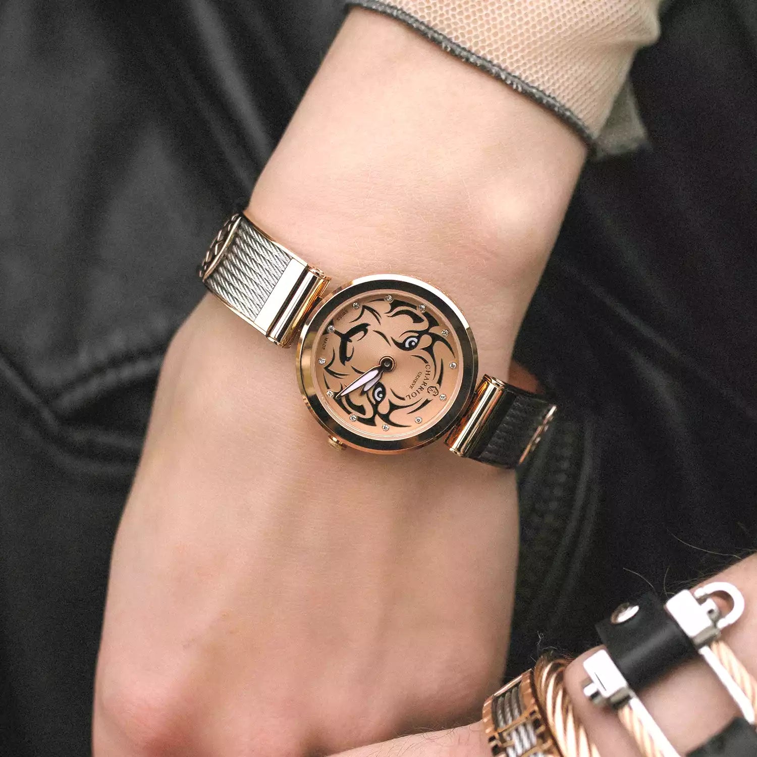FOREVER, 32MM, CALIBRE CUARZO, DIAL TIGRE, PVD ORO ROSA, PULSERA CABLE ACERO - Charriol Geneve - Relojes