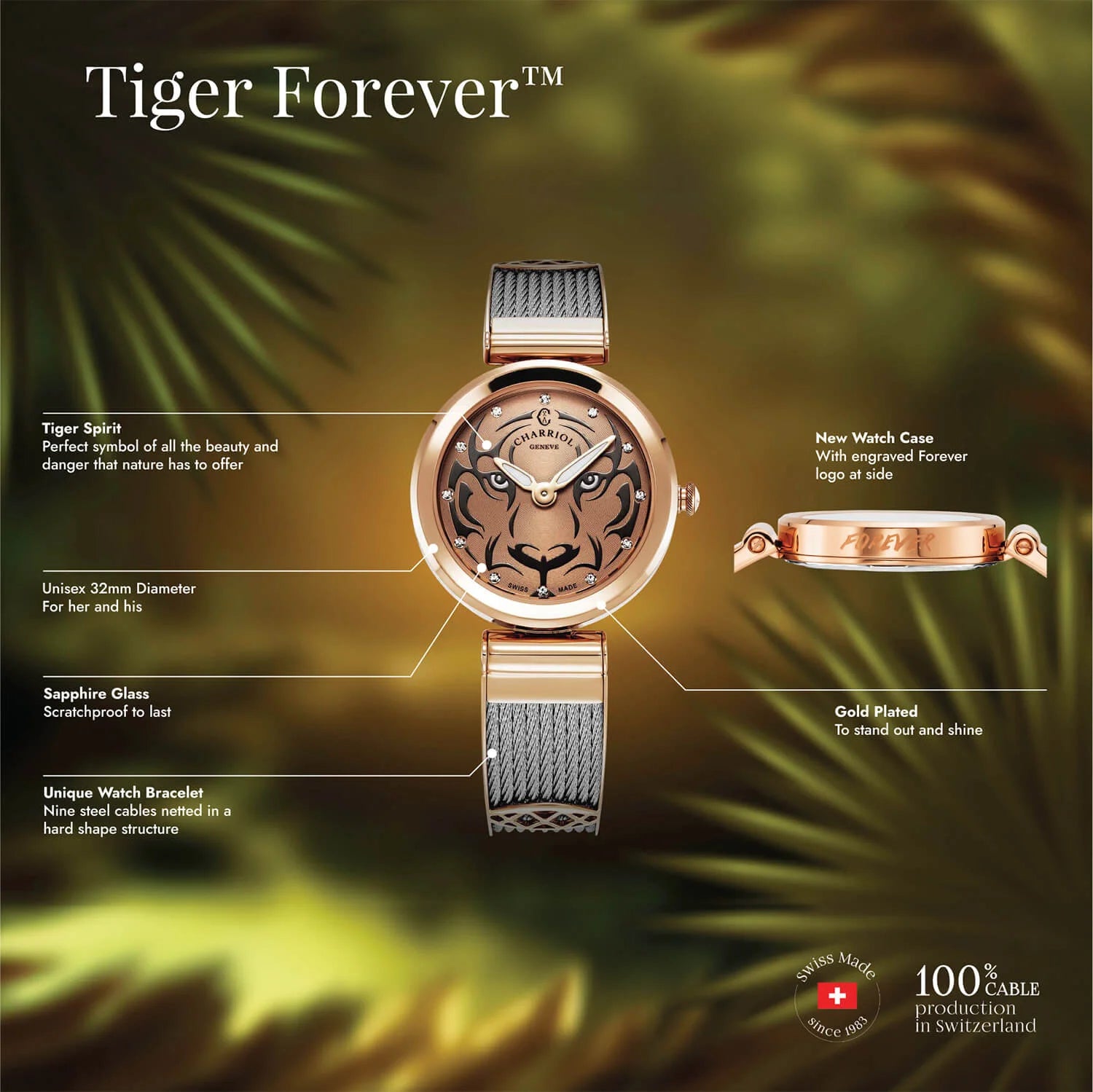 FOREVER, 32MM, CALIBRE CUARZO, DIAL TIGRE, PVD ORO ROSA, PULSERA CABLE ACERO - Charriol Geneve - Relojes