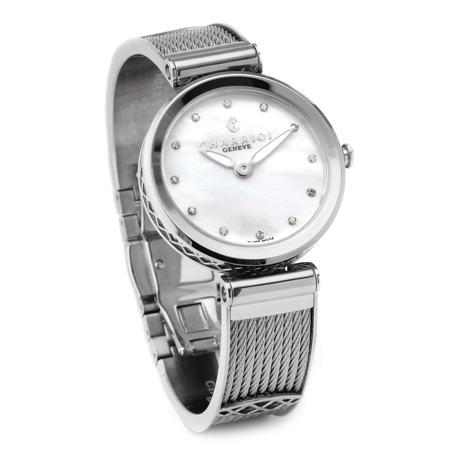 FOREVER, 32MM, CALIBRE CUARZO, PERLA MADRE BLANCA CON 12 SIMILIS DIAL, BISEL DE ACERO, PULSERA DE CABLE DE ACERO - © 2024 Charriol - Watch