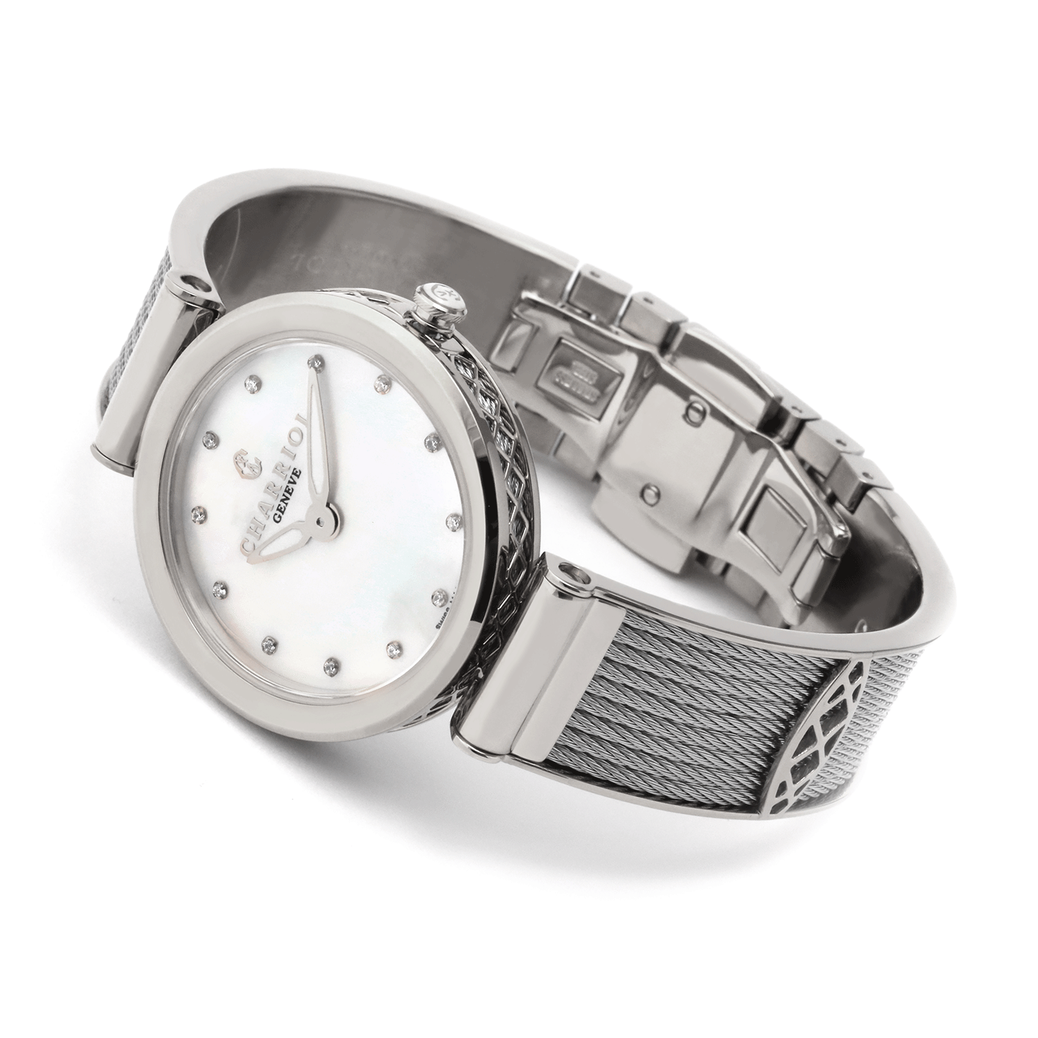 FOREVER, 32MM, CALIBRE CUARZO, PERLA MADRE BLANCA CON 12 SIMILIS DIAL, BISEL DE ACERO, PULSERA DE CABLE DE ACERO - © 2024 Charriol - Watch