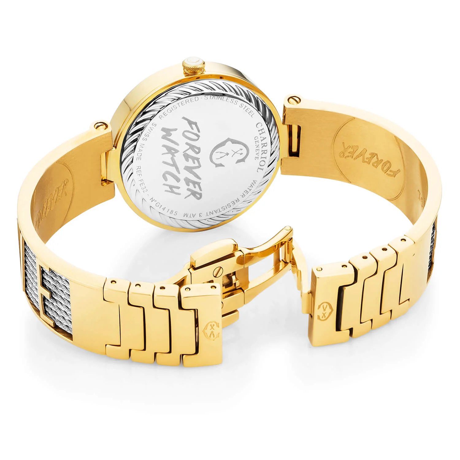 FOREVER YOURS, 32MM, CUARZO CALIBRE, PERLA CON 12 DIAMANTES DIAL, ORO AMARILLO PVD BEZEL, PULSERA DE CABLE DE ACERO - Charriol Geneve - Watch