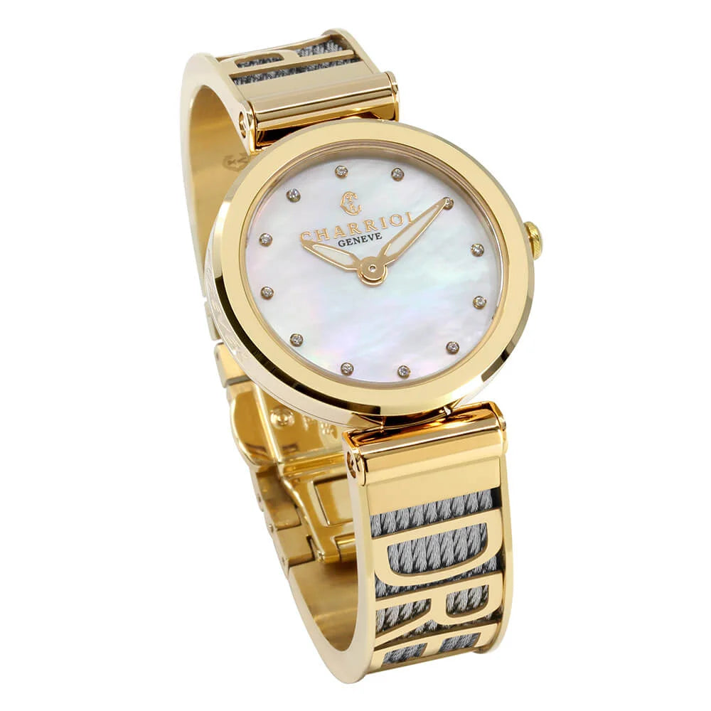 FOREVER YOURS, 32MM, CUARZO CALIBRE, PERLA CON 12 DIAMANTES DIAL, ORO AMARILLO PVD BEZEL, PULSERA DE CABLE DE ACERO - Charriol Geneve - Watch