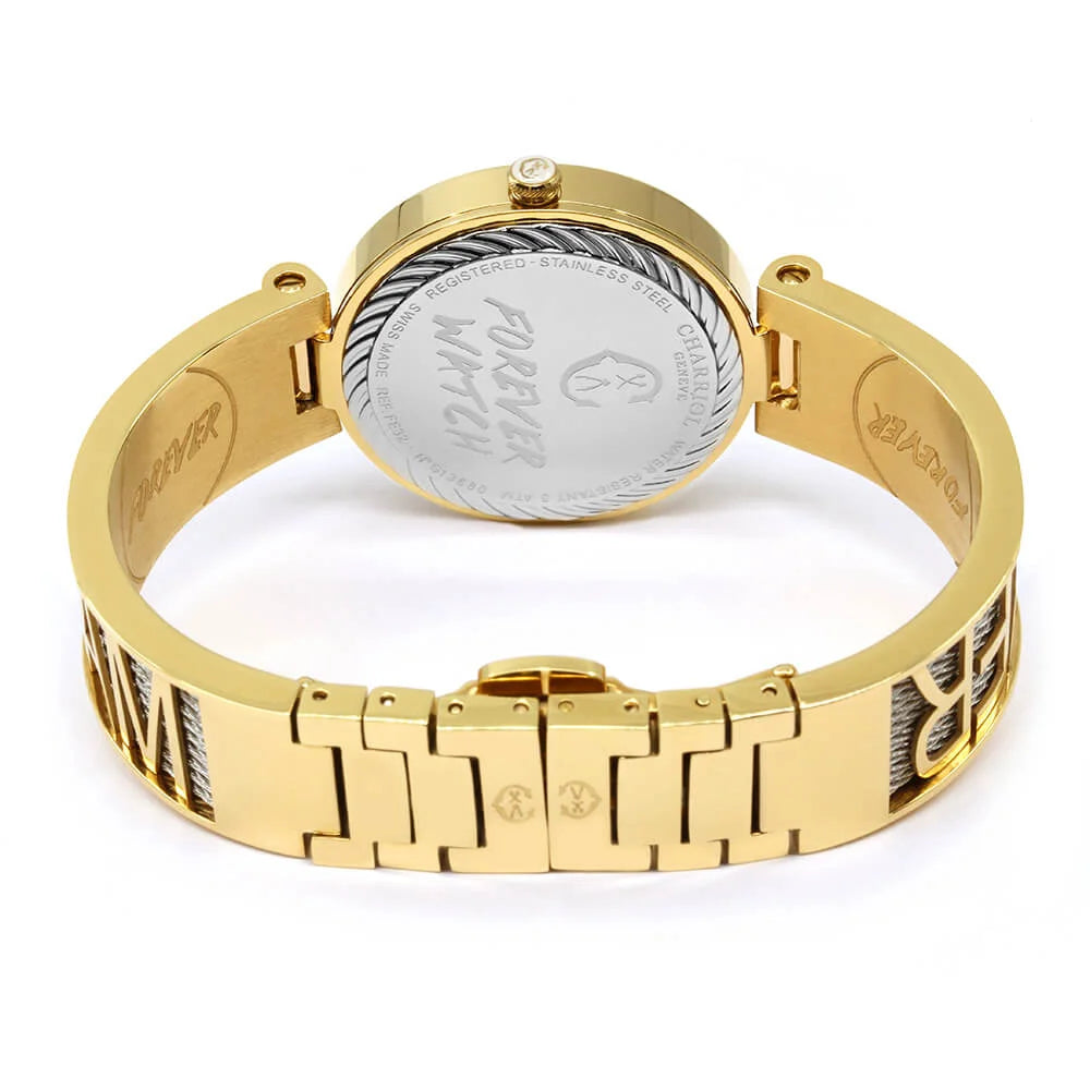 FOREVER YOURS, 32MM, CUARZO CALIBRE, PERLA CON 12 DIAMANTES DIAL, ORO AMARILLO PVD BEZEL, PULSERA DE CABLE DE ACERO - Charriol Geneve - Watch