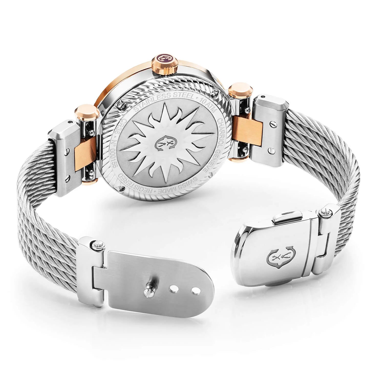 NAVIGATOR CRUISE, 36MM, QUARTZ CALIBRE, WHITE MOTHER-OF-PEARL WITH 10 DIAMONDS DIAL, STEEL ROSE GOLD PVD "CHARRIOL CHARRIOL" WITH 2 SCREWS BEZEL, STEEL INTERCHANGEABLE CABLE BRACELET WITH ROSE GOLD PVD ATTACHED - © 2024 Charriol - Watch