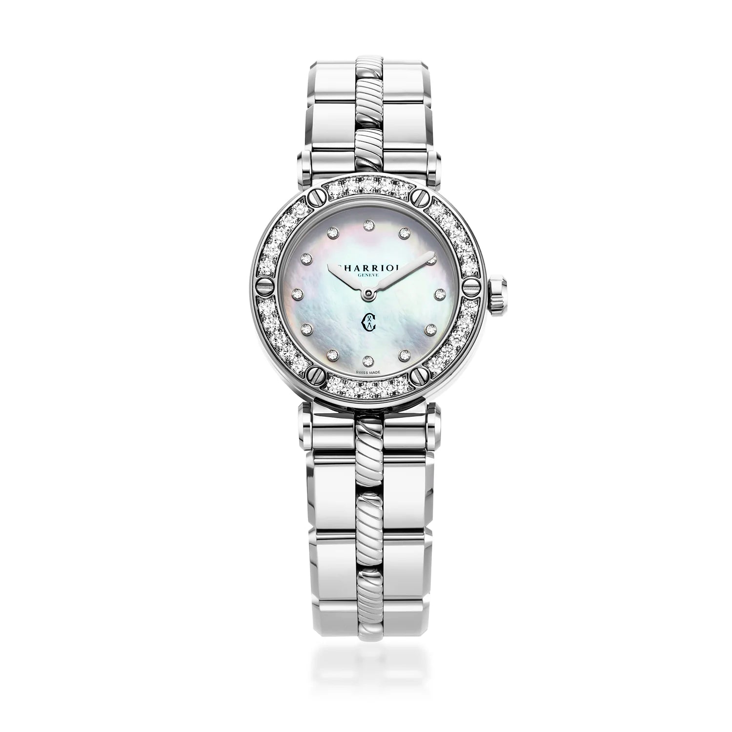 NAVIGATOR CRUISE28MM, PERLA CON 12 DIAMANTES, 30 DIAMANTES, PULSERA DE ACERO INTERCAMBIABLE - Charriol Geneve - Watch