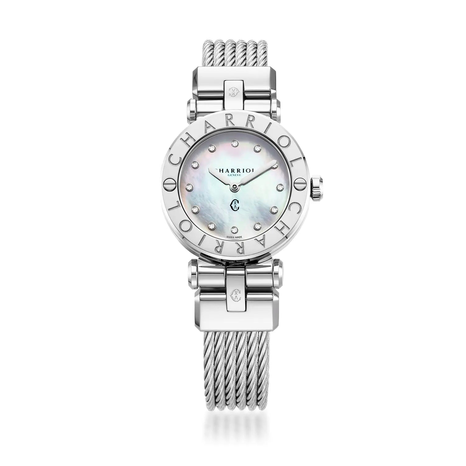 NAVIGATOR CRUISE, 28MM, CALIBRE CUARZO, DIALLA MADREPERLA CON 12 DIAMANTES, BISELCHARRIOL CHARRIOL", PULSERA INTERCAMBIABLE CON CABLE DE ACERO - Charriol Geneve - Relojes
