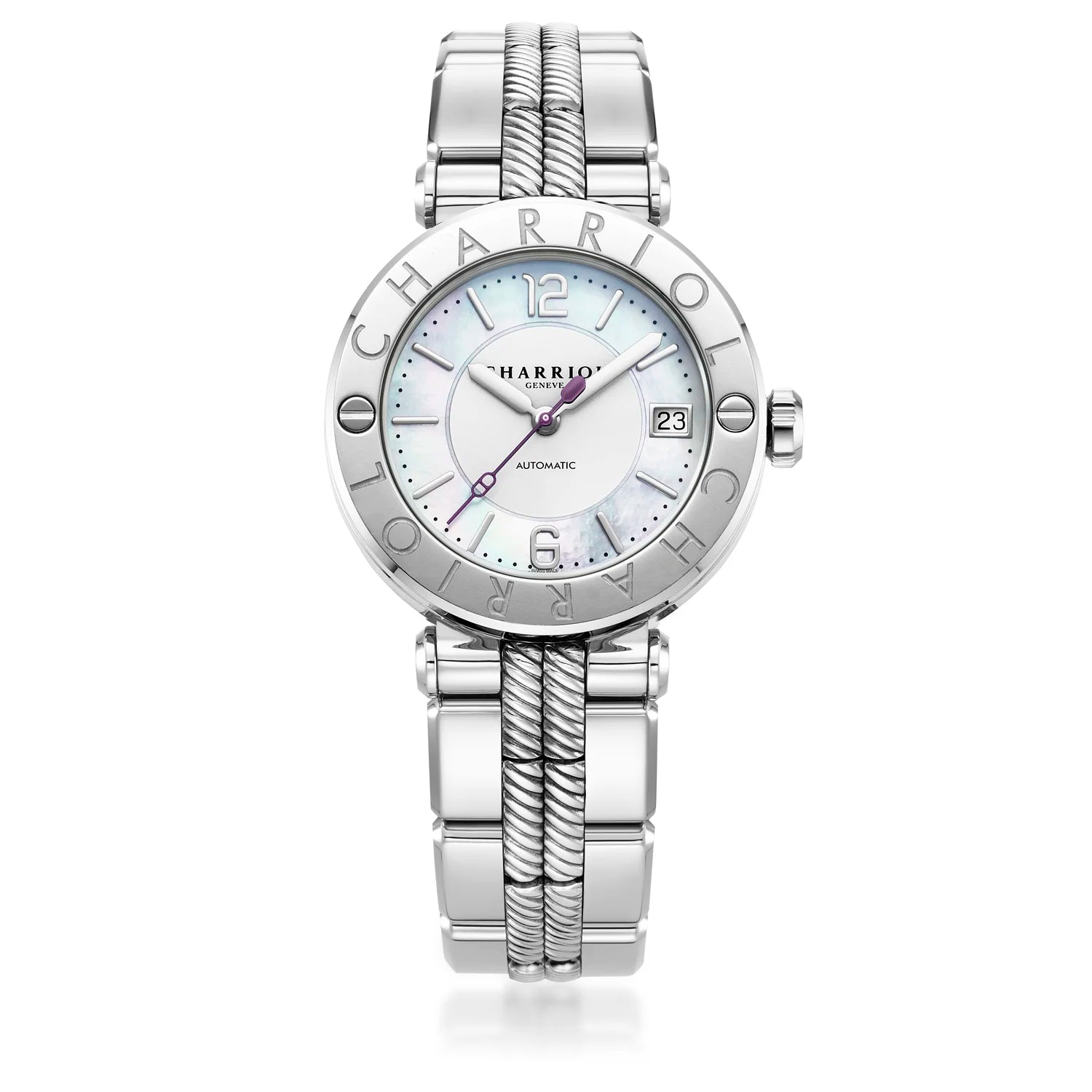 St Tropez Cruise Reloj Automático 36mm Brazalete Gris Claro, Bisel Gris Claro y 2 Tornillos y Esfera Blanca MOP - Charriol Geneve - Relojes