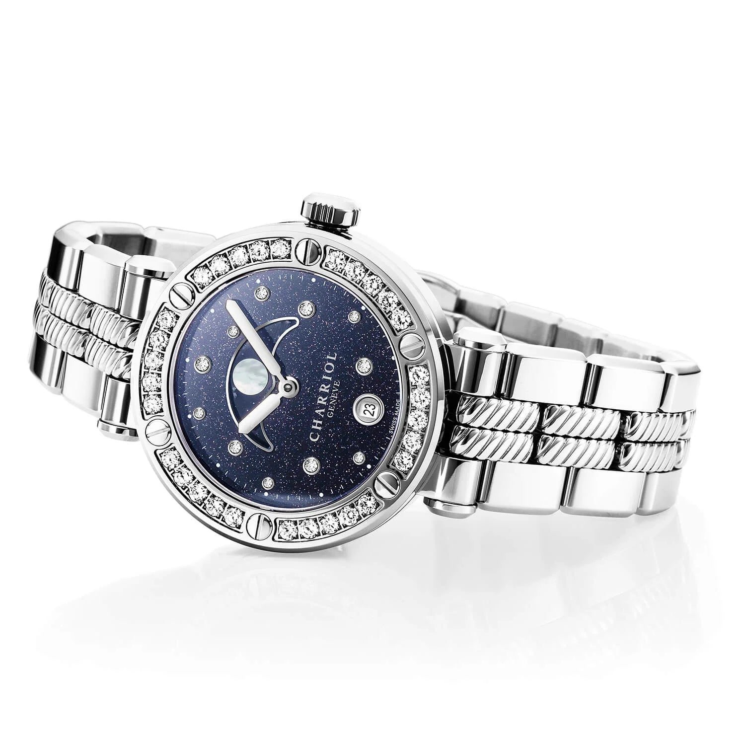 NAVIGATOR CRUISE, 36MM, CALIBRE CUARZO LUNAFASE, IMPRESO AVENTURINA CON 11 DIAMANTES DIAL, ACERO CON 30 DIAMANTES Y 6 TORNILLOS BEZEL, PULSERA DE METAL INTERCAMBIABLE - © 2024 Charriol - Reloj