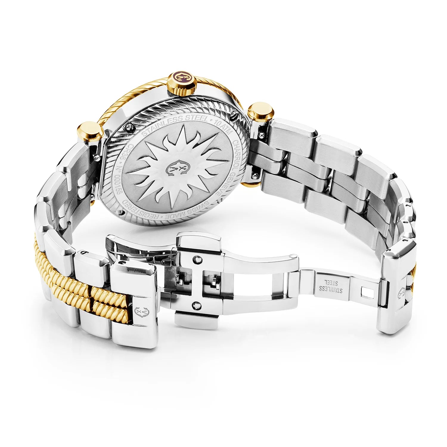 St Tropez Cruise Reloj 36mm Gris claro y brazalete de oro amarillo, bisel de oro amarillo y 2 tornillos y esfera blanca MOP - Charriol Geneve - Relojes