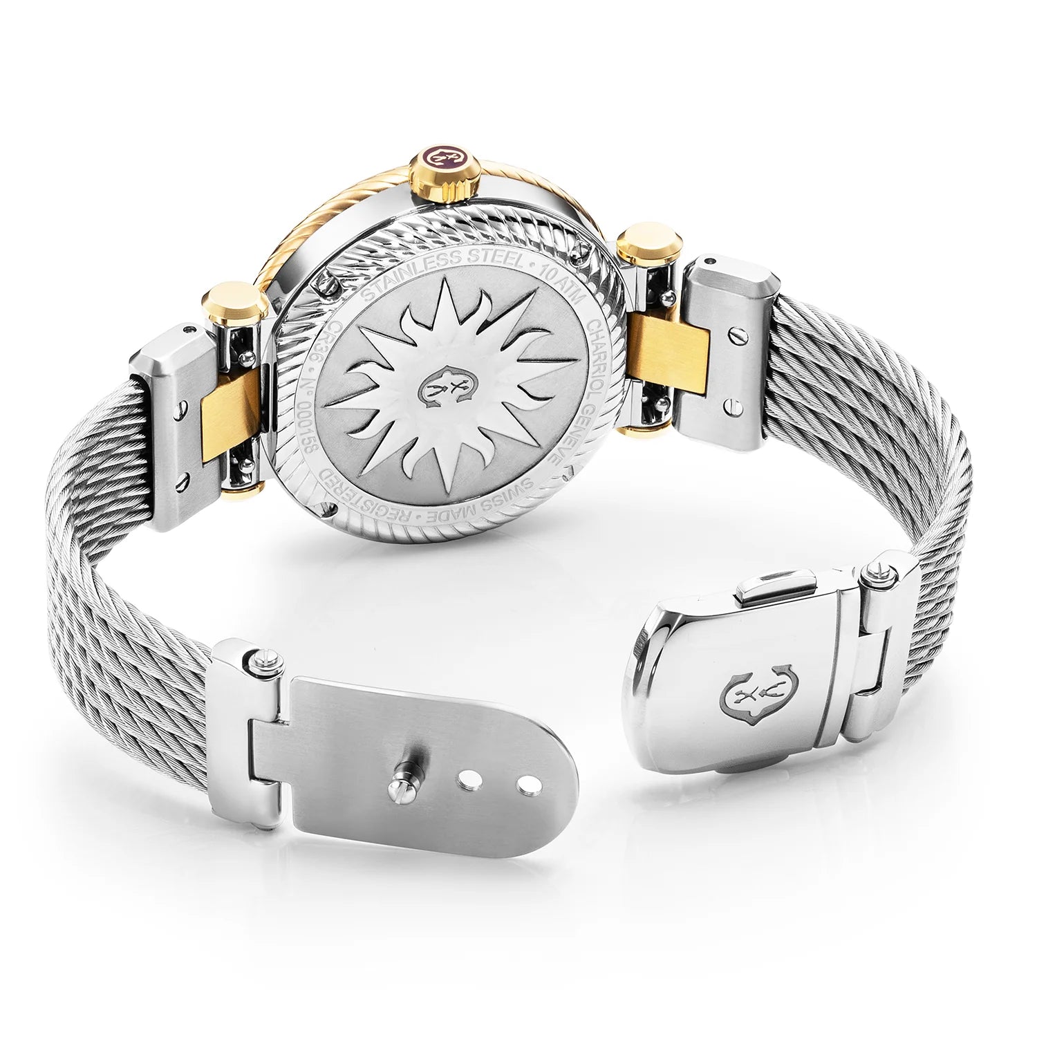 NAVIGATOR CRUISE, 36MM, CALIBRE CUARZO, ESFERA DE PERLA MADRE, "CHARRIOL CHARRIOL " BEZEL, CABLE DE ACERO PULSERA INTERCAMBIABLE - Charriol Geneve - Relojes