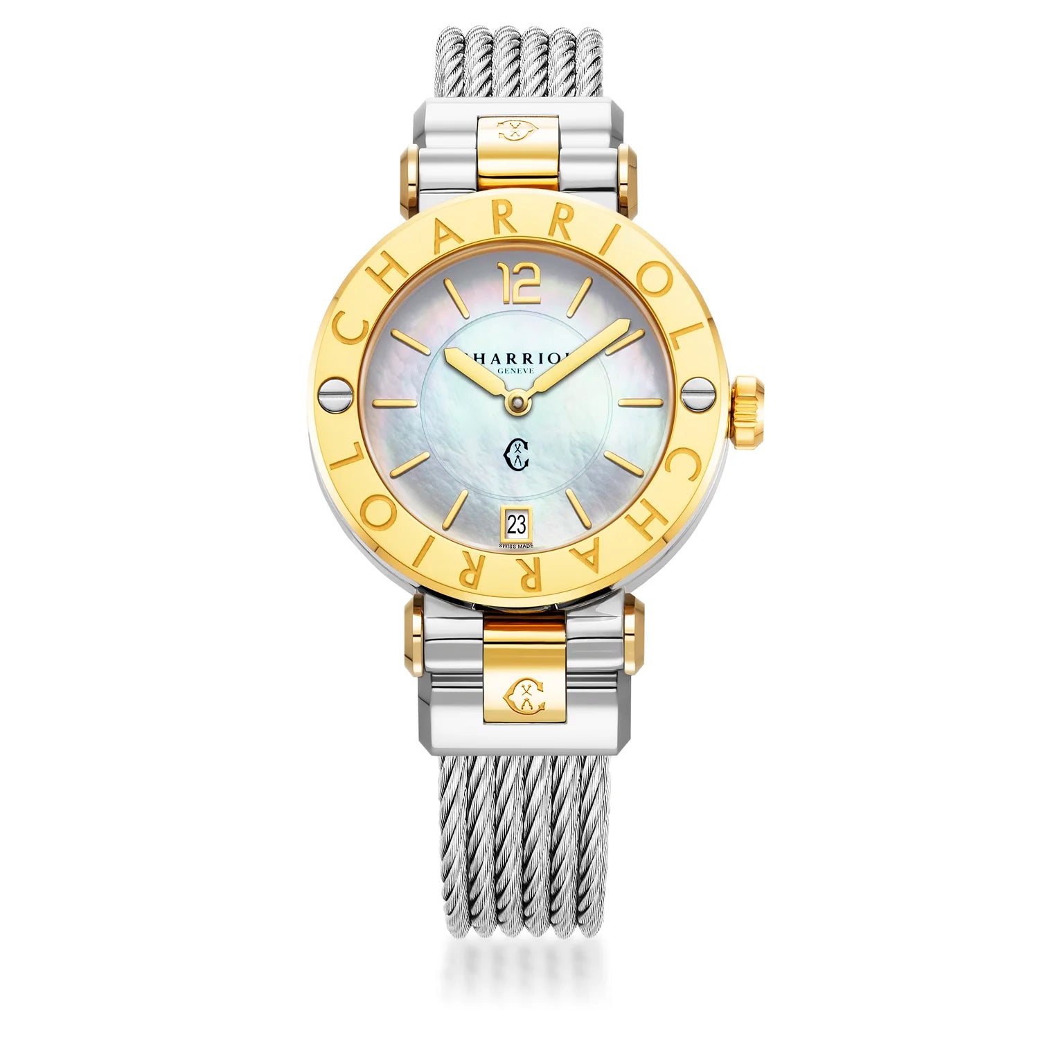 NAVIGATOR CRUISE, 36MM, CALIBRE CUARZO, ESFERA DE PERLA MADRE, "CHARRIOL CHARRIOL " BEZEL, CABLE DE ACERO PULSERA INTERCAMBIABLE - Charriol Geneve - Relojes
