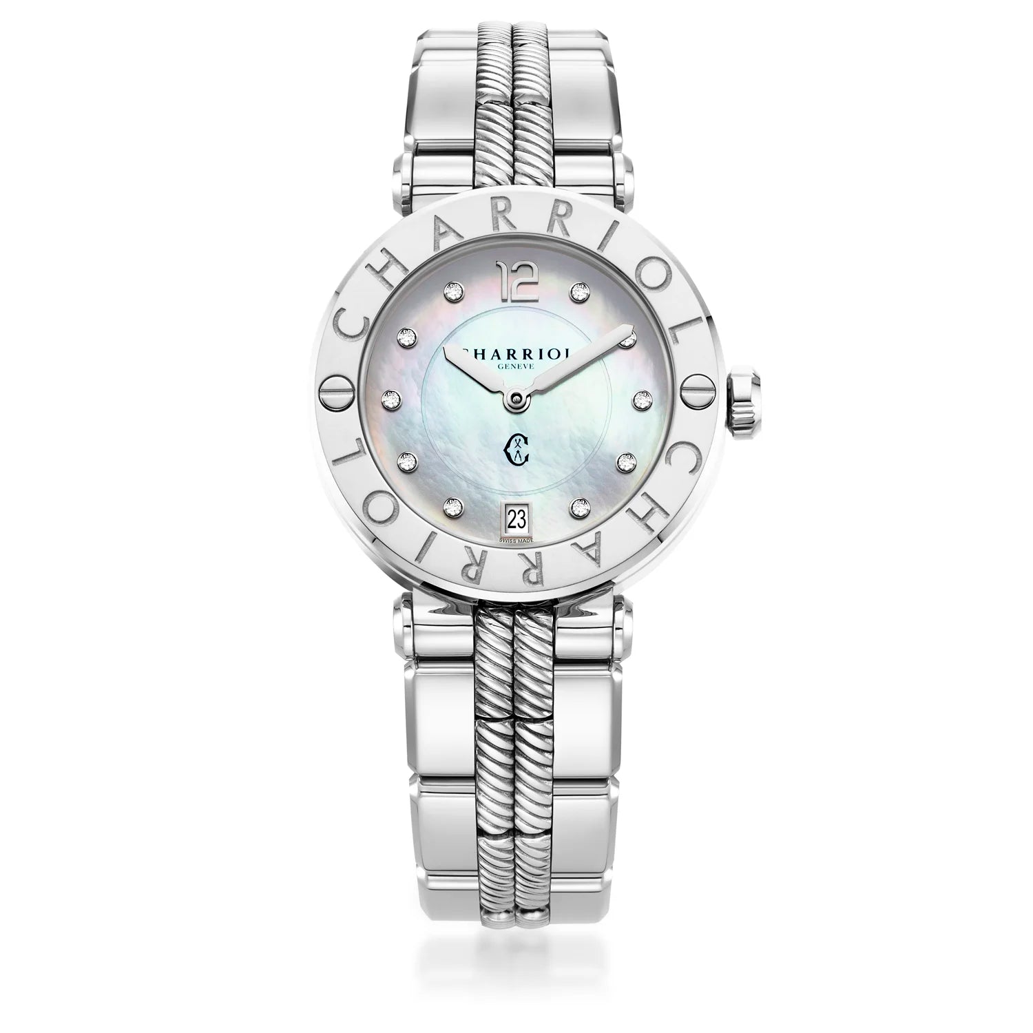 NAVIGATOR CRUISE36MM, CUARZO CALIBRE, PERLA CON 10 DIAMANTES DIAL, "CHARRIOL CHARRIOL " BEZEL, ACERO PULSERA INTERCAMBIABLE - Charriol Geneve - Watch
