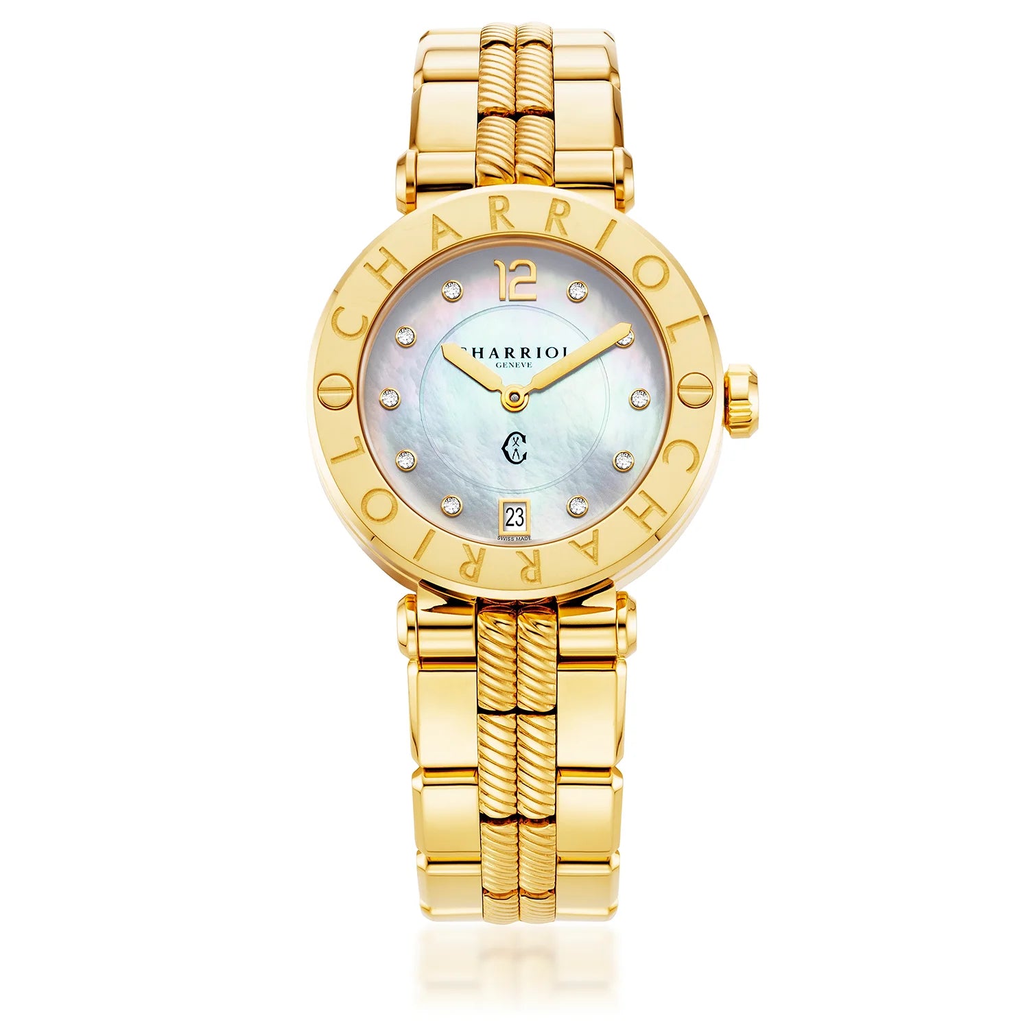 NAVIGATOR CRUISE, 36MM, CALIBRE CUARZO, PERLA MADRE CON 10 DIAMANTES DIAL, "CHARRIOL CHARRIOL " BEZEL, ACERO ORO AMARILLO PVD PULSERA INTERCAMBIABLE - Charriol Geneve - Watch
