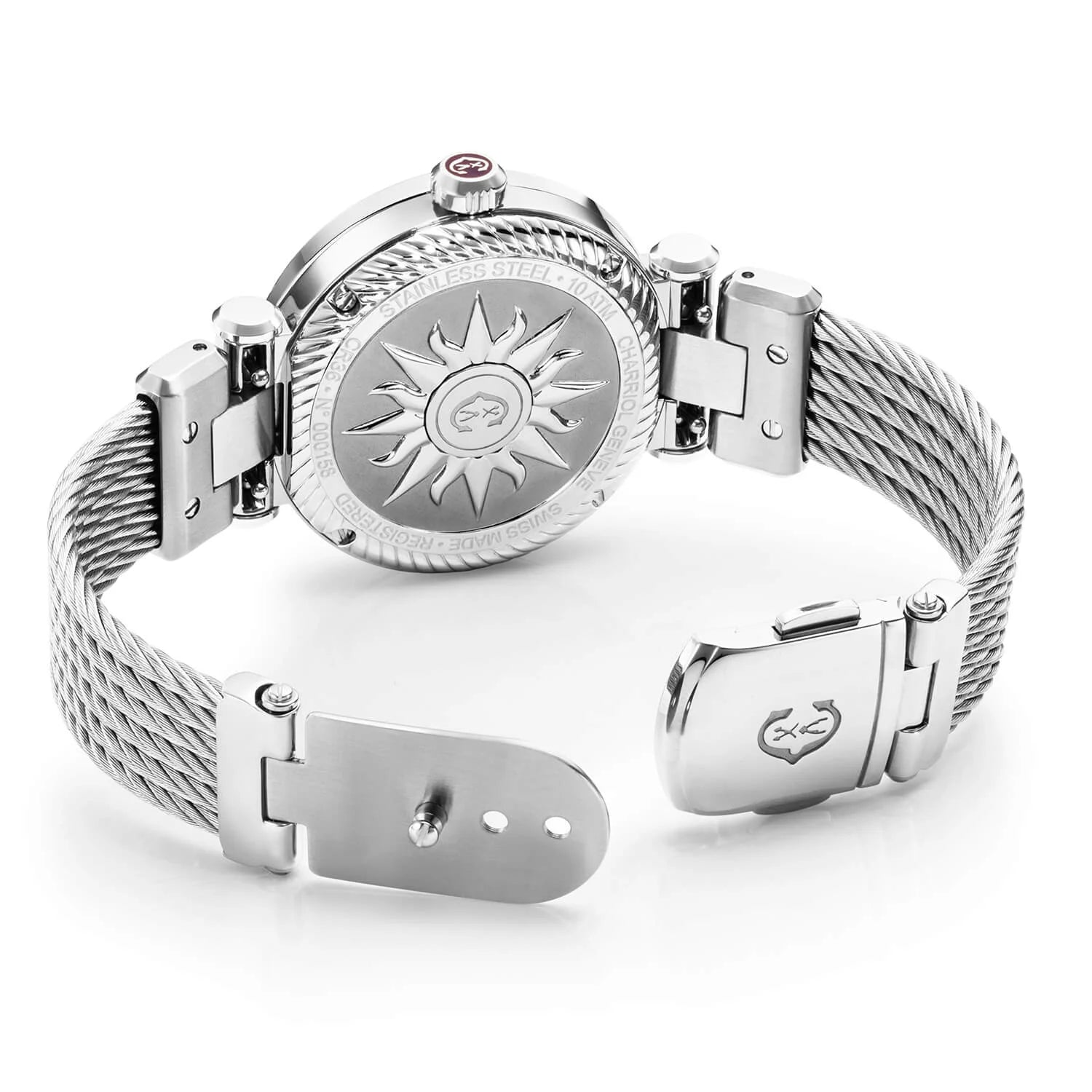 NAVIGATOR CRUISE, 36MM, CALIBRE CUARZO, CIRCULAR BLANCO Y CENTRO SOL CON 12 FIGURAS ROMANAS DIAL, ACEROCHARRIOL CHARRIOL" CON 2 TORNILLOS BISEL, ACERO PULSERA DE CABLE INTERCAMBIABLE - © 2024 Charriol - Reloj