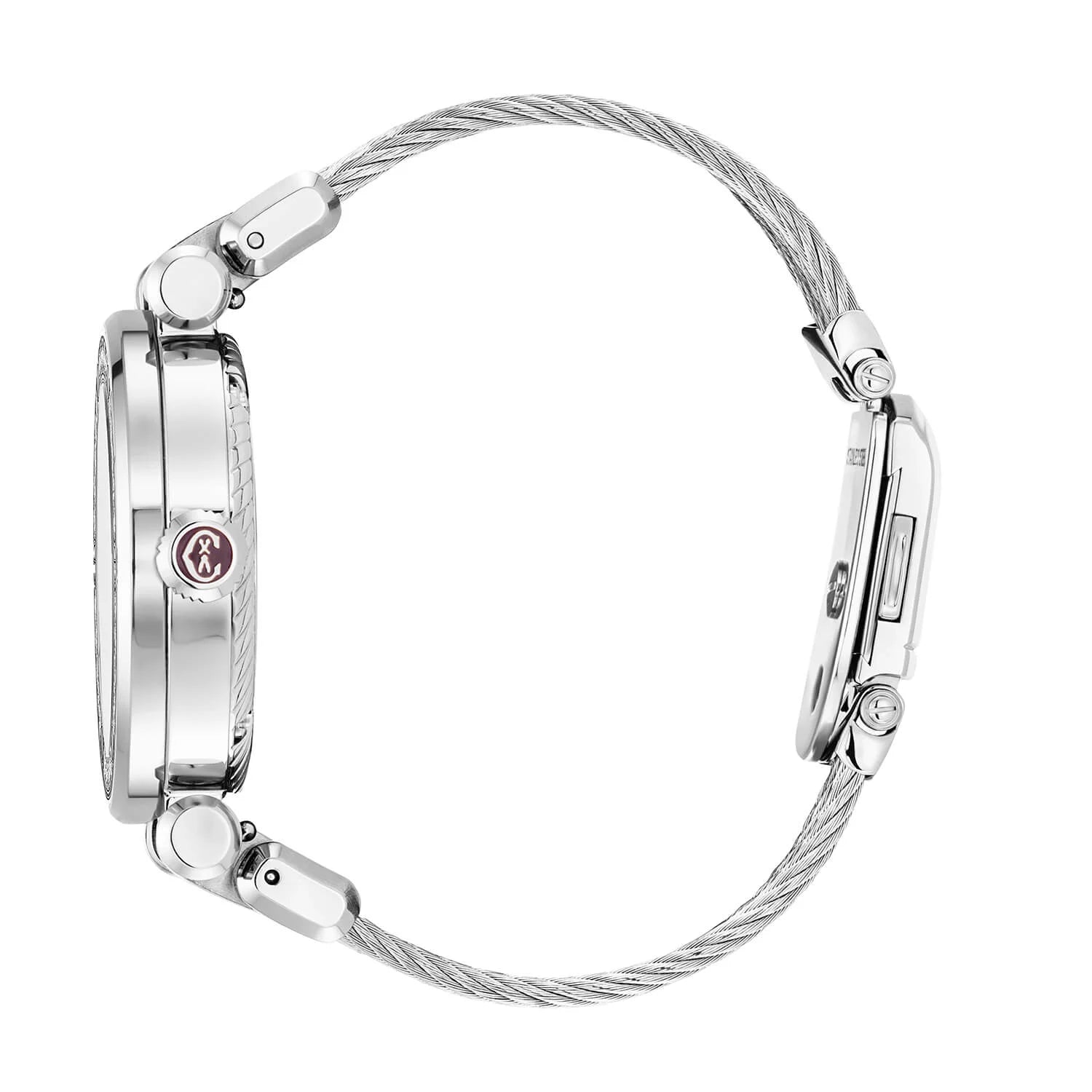 NAVIGATOR CRUISE, 36MM, CALIBRE CUARZO, CENTRO DE MADREPERLA BLANCA Y SOL BLANCO MATE CON 12 FIGURAS ROMANAS DIAL, ACERO CON 30 DIAMANTES BEZEL, PULSERA DE ACERO CON CABLE INTERCAMBIABLE - © 2024 Charriol - Reloj