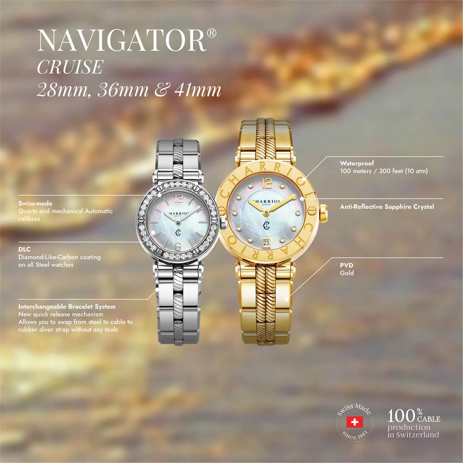NAVIGATOR CRUISE28MM, PERLA CON 12 DIAMANTES, 30 DIAMANTES, PULSERA DE ACERO INTERCAMBIABLE - Charriol Geneve - Watch
