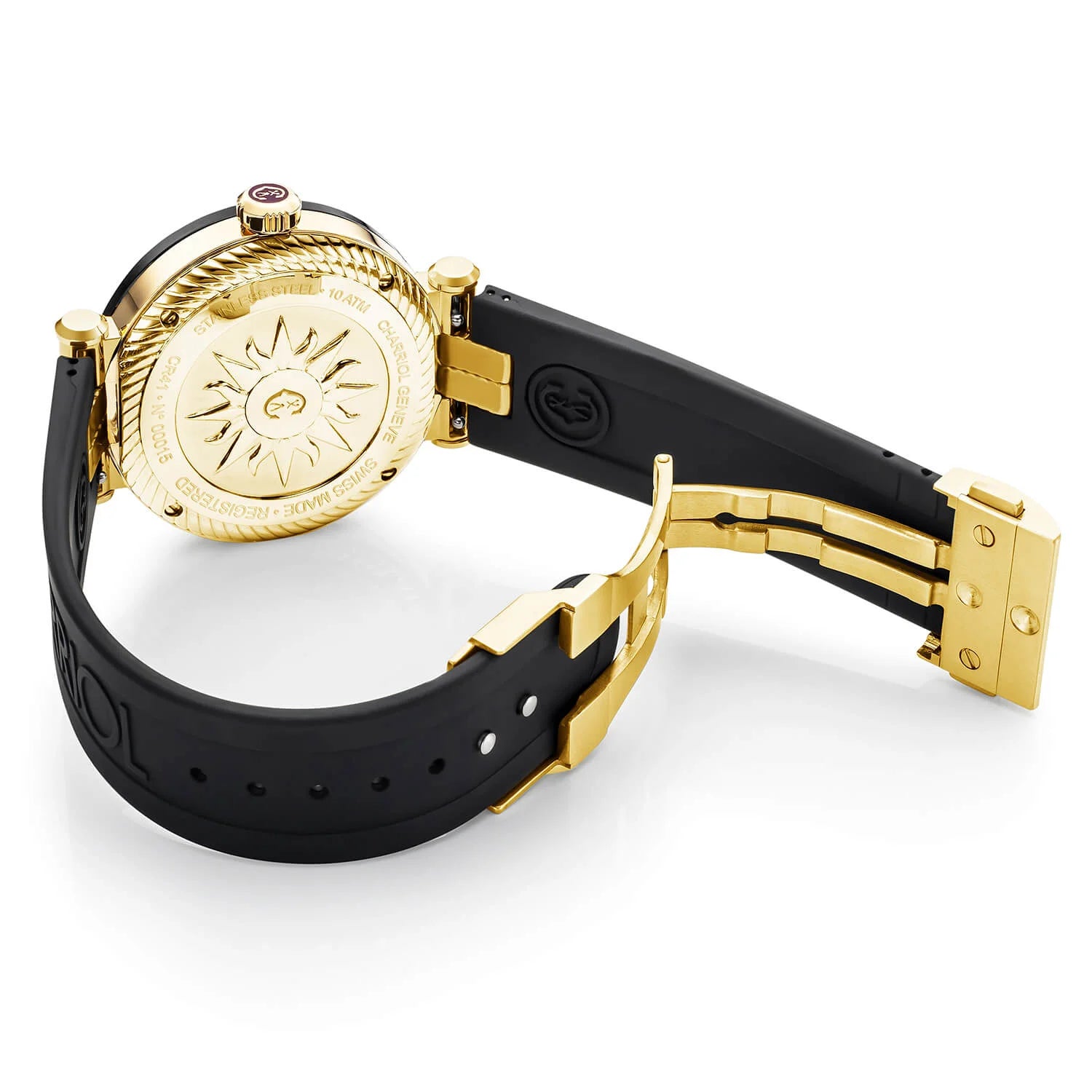 NAVIGATOR CRUISE, 41MM, CALIBRE CUARZO, NEGRO CON DIAL AMARILLO DE 2 ÁRABES Y 9 ÍNDICES, PVD NEGRO ACERO "CHARRIOL CHARRIOL " CON BISEL DE 2 TORNILLOS, PULSERA INTERCAMBIABLE DE GOMA NEGRA - © 2024 Charriol - Watch