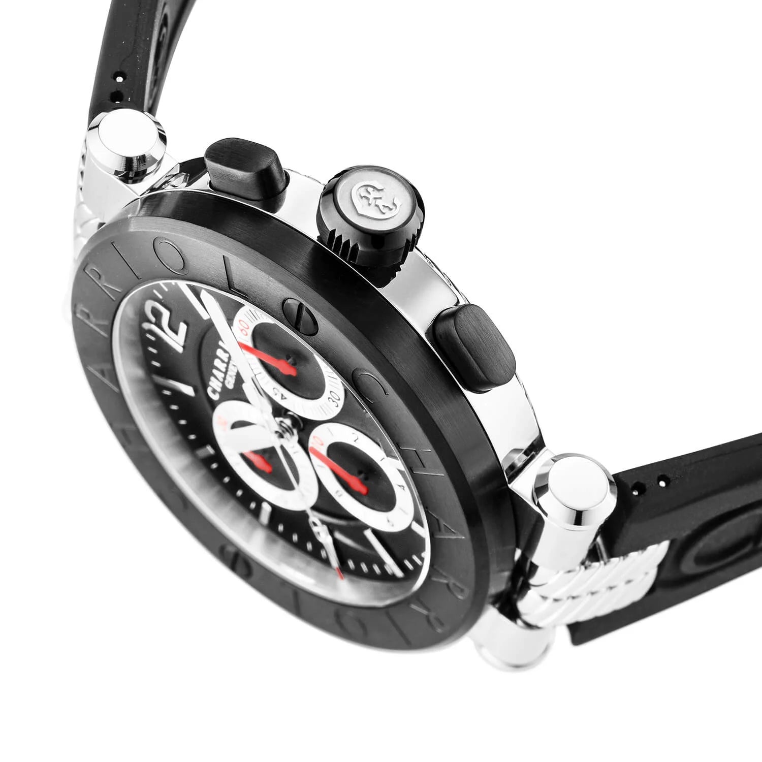 NAVIGATOR CRUISE, 41MM, CALIBRE CRONÓGRAFO CUARZO, ESFERA NEGRA CON CRUZ ROJA, PVD ACERO NEGRO "CHARRIOL CHARRIOL " BEZEL, CORREA DE GOMA NEGRA INTERCAMBIABLE - © 2024 Charriol - Watch