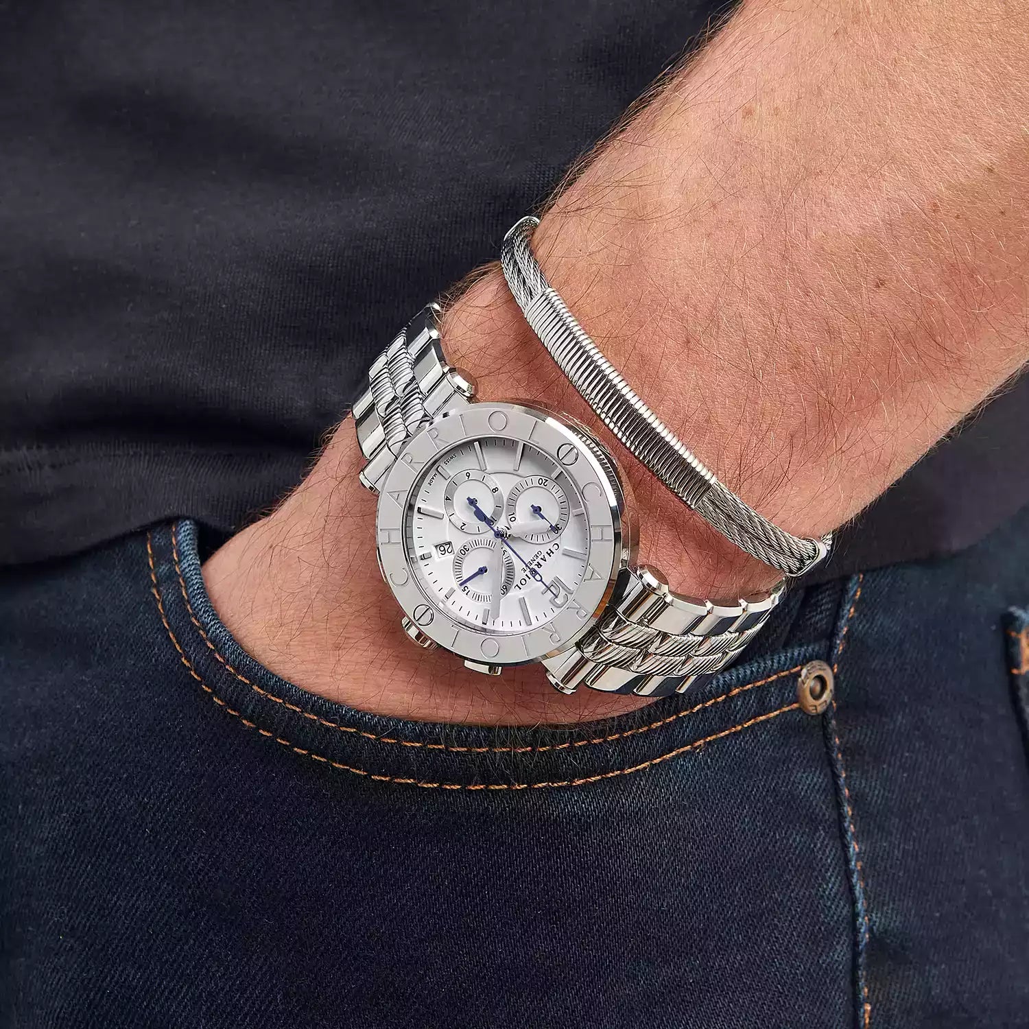 NAVIGATOR CRUISE, 41MM, CALIBRE CRONÓGRAFO CUARZO, ESFERA BLANCA, "CHARRIOL CHARRIOL " BISEL, PULSERA INTERCAMBIABLE ACERO - Charriol Geneve - Relojes