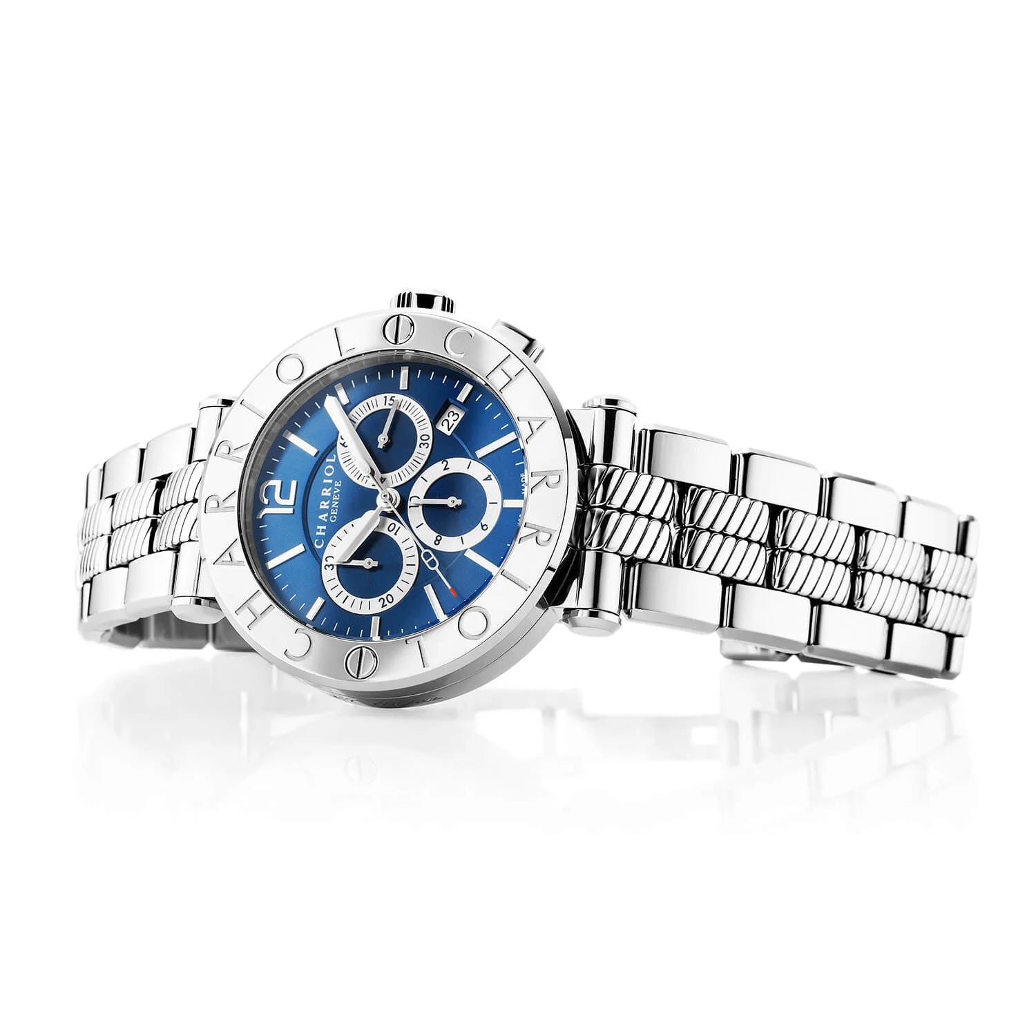 NAVIGATOR CRUISE, 41MM, CUARZO CRONÓGRAFO CALIBRE, AZUL CON 3 ESPEJOS DE RODIO Y DIAL INDEX, ACERO "CHARRIOL CHARRIOL " CON 2 TORNILLOS BEZEL, ACERO METAL PULSERA INTERCAMBIABLE - © 2024 Charriol - Reloj