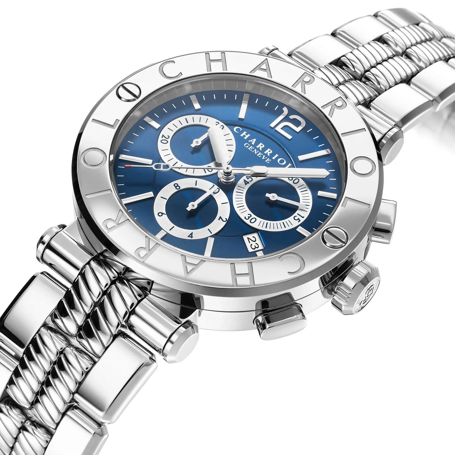 NAVIGATOR CRUISE, 41MM, CUARZO CRONÓGRAFO CALIBRE, AZUL CON 3 ESPEJOS DE RODIO Y DIAL INDEX, ACERO "CHARRIOL CHARRIOL " CON 2 TORNILLOS BEZEL, ACERO METAL PULSERA INTERCAMBIABLE - © 2024 Charriol - Reloj
