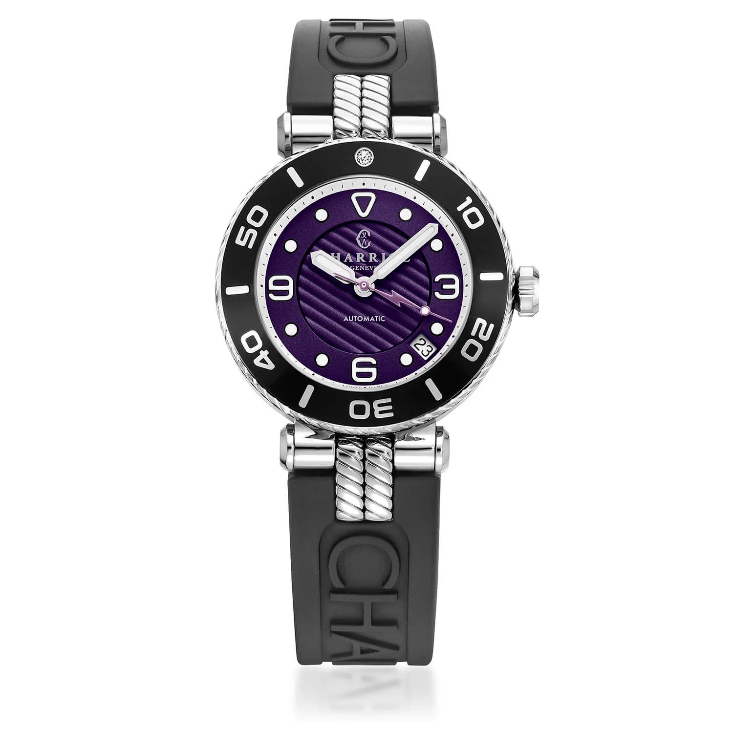 NAVIGATOR SURF, 36MM, CALIBRE AUTOMÁTICO, NEGRO CON 1 BISEL DE DIAMANTE, ESFERA MORADA, PULSERA INTERCAMBIABLE DE GOMA NEGRA - ©2024 Philippe Charriol International Ltd. - Relojes
