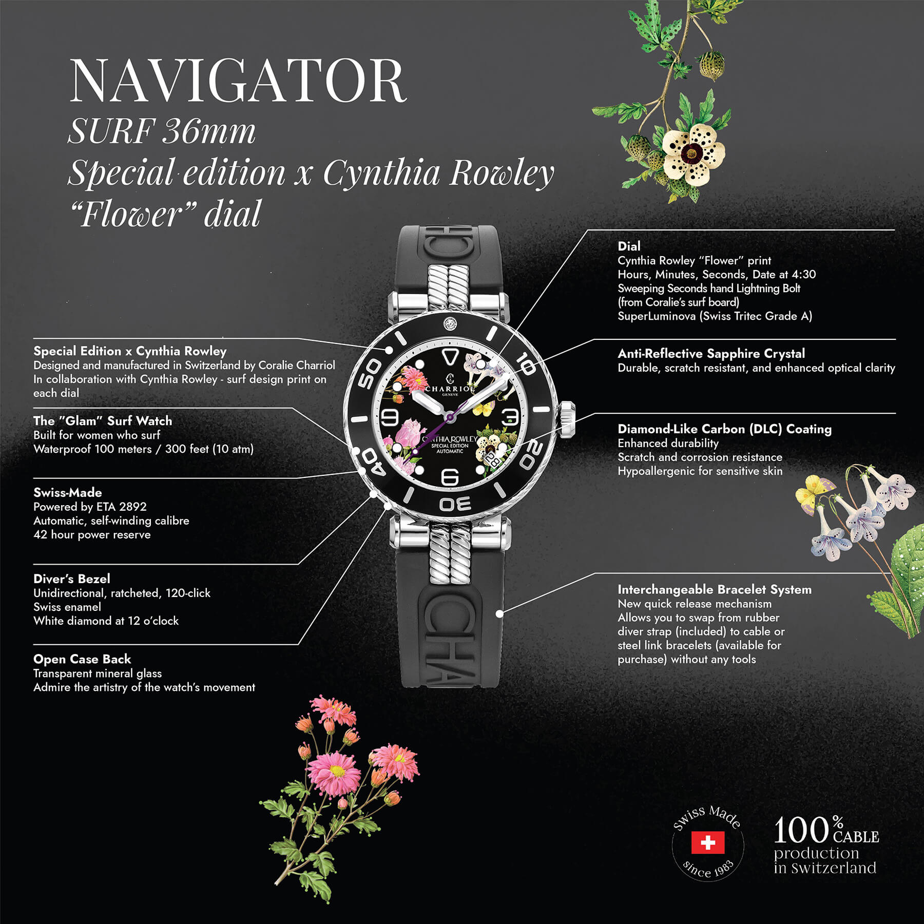 NAVIGATOR SURF, 36MM, CALIBRE AUTOMÁTICO, ESFERA FLOR, NEGRO CON 1 DIAMANTE, PULSERA INTERCAMBIABLE DE GOMA NEGRA, EDICIÓN ESPECIAL X CYNTHIA ROWLEY - © 2024 Charriol - Relojes
