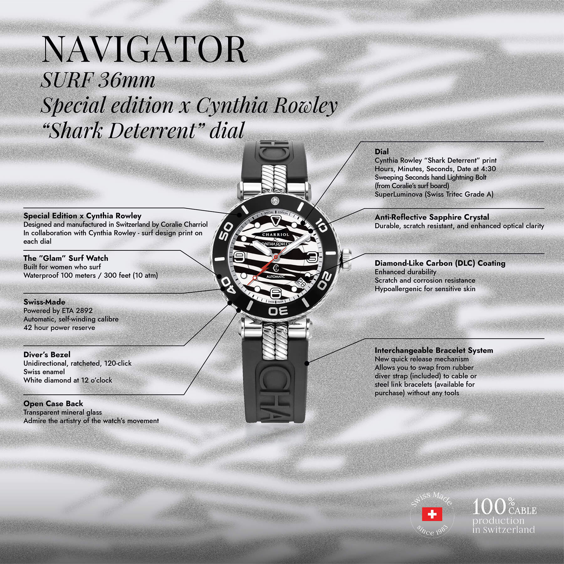 NAVIGATOR SURF, 36MM, CALIBRE AUTOMÁTICO, DIAL DE DETERMINACIÓN TIBURÓN, NEGRO CON 1 BISEL DE DIAMANTE, PULSERA INTERCAMBIABLE DE GOMA NEGRA, EDICIÓN ESPECIAL X CYNTHIA ROWLEY - © 2024 Charriol - Reloj