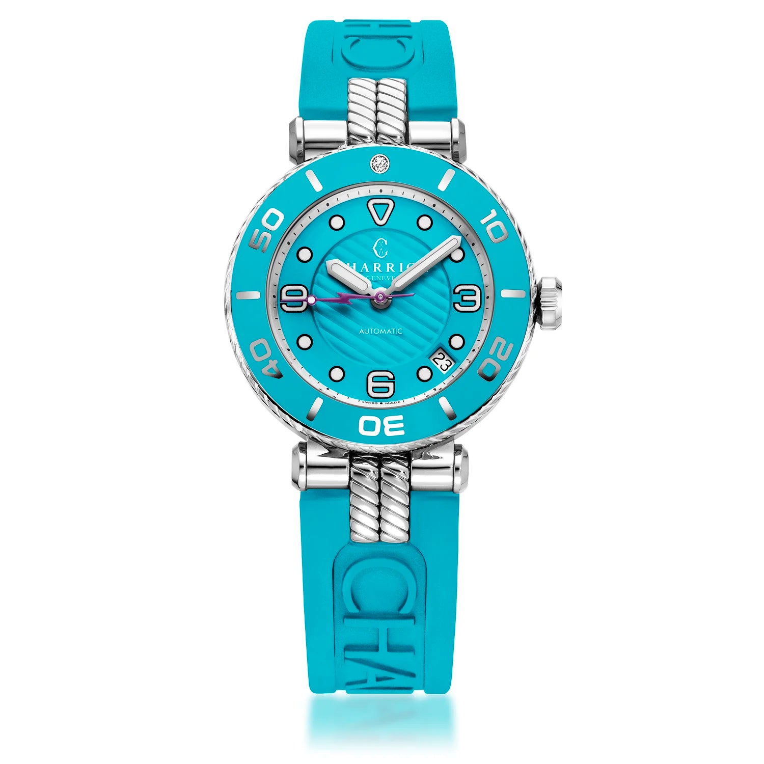 NAVIGATOR SURF, 36MM, CALIBRE AUTOMÁTICO, ESFERA TURQUESA, BISEL TURQUESA, PULSERA INTERCAMBIABLE DE CAUCHO TURQUESA - Charriol Geneve - Watch