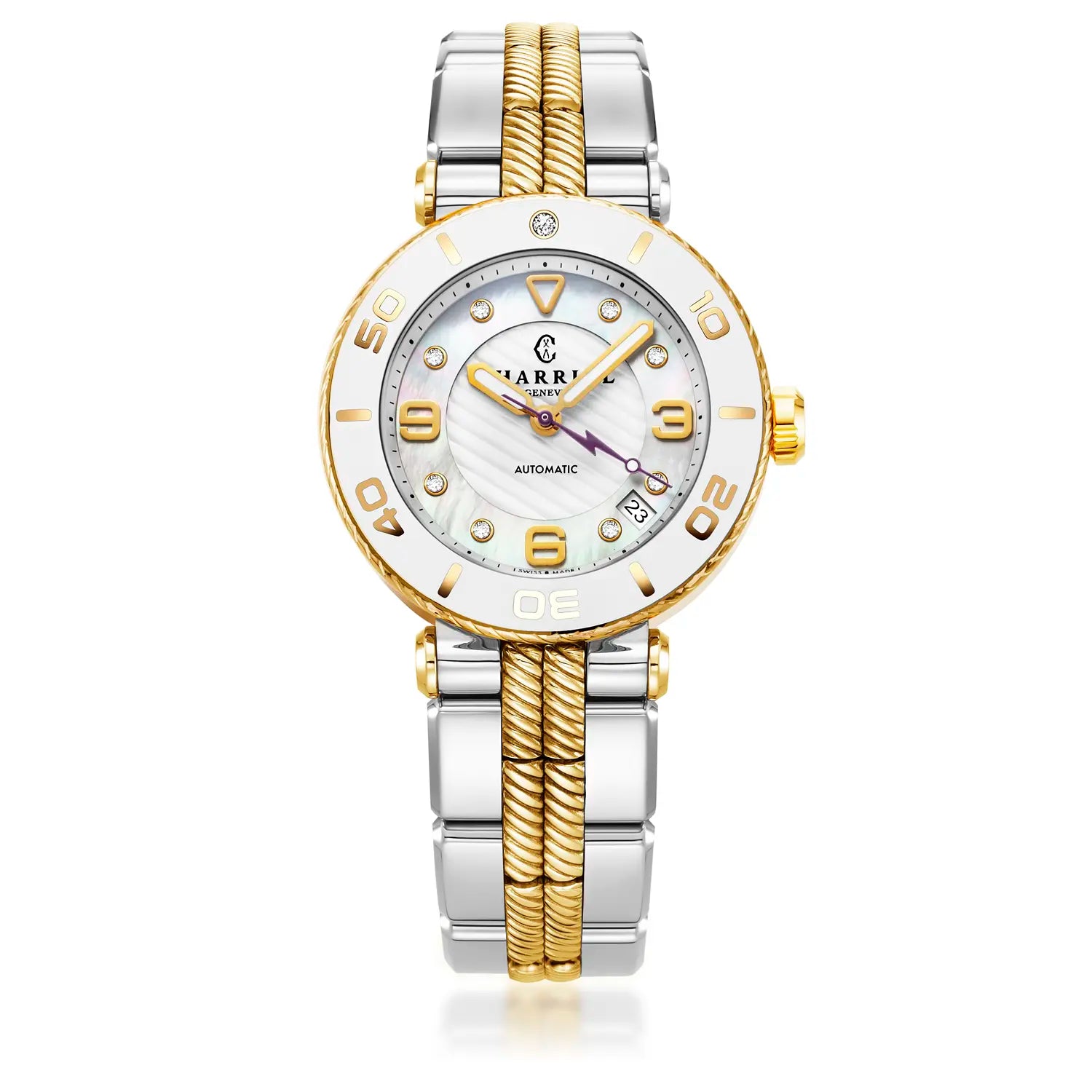 NAVIGATOR SURF, 36MM, CALIBRE AUTOMÁTICO, ESFERA BLANCA, BISEL BLANCO, PULSERA INTERCAMBIABLE ACERO BICOLOR - Charriol Geneve - Relojes