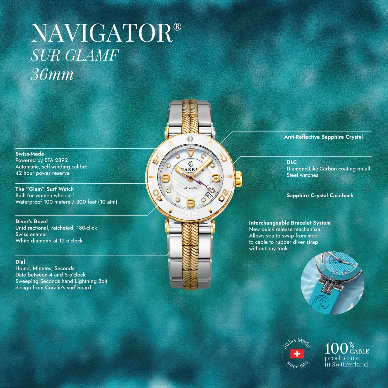 NAVIGATOR SURF, 36MM, CALIBRE AUTOMÁTICO, ESFERA BLANCA, BISEL BLANCO, PULSERA INTERCAMBIABLE ACERO BICOLOR - Charriol Geneve - Relojes