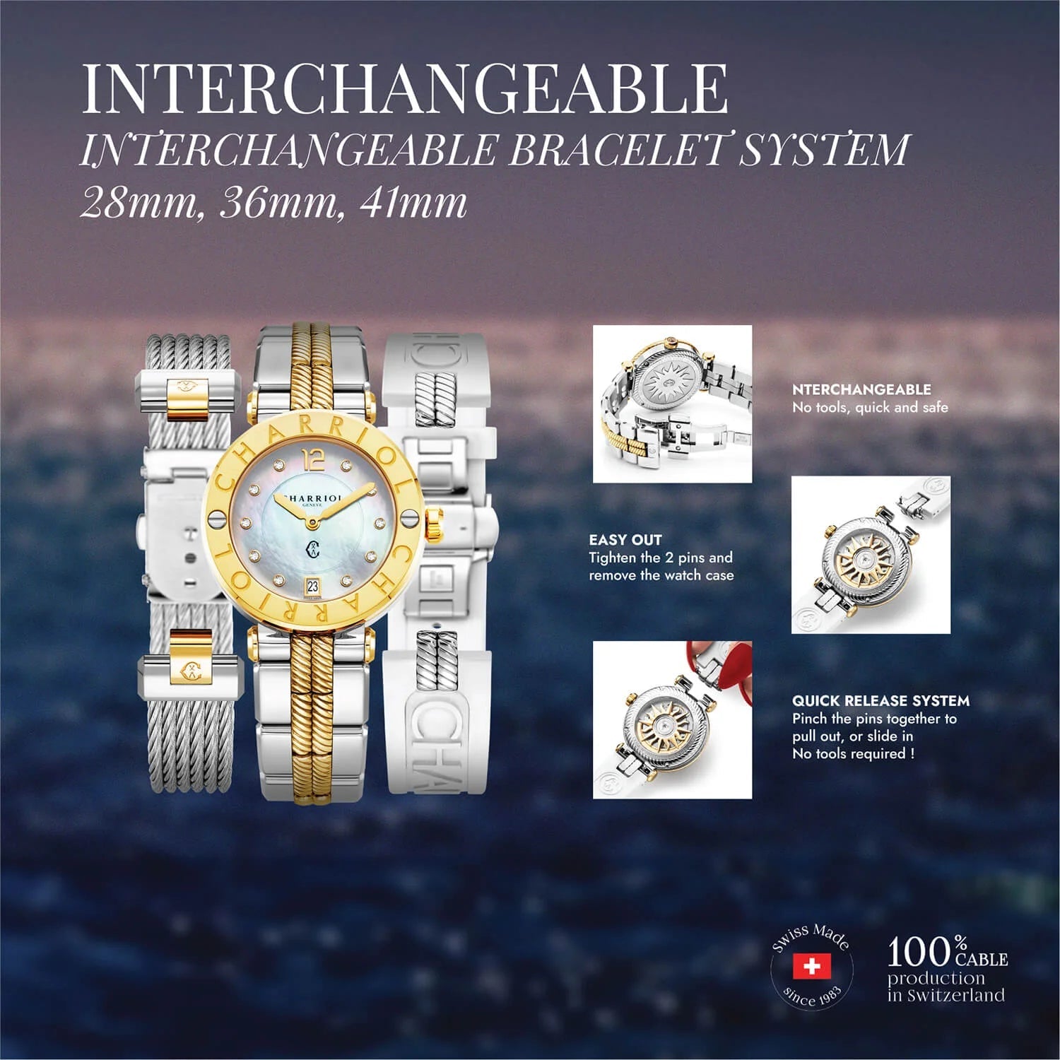 NAVIGATOR CRUISE, 28MM, CALIBRE CUARZO, PERLA MADRE CON 10 DIAMANTES DIAL, 30 DIAMANTES FULL CUT CON 6 ROSQUILLAS BEZEL, ORO METALICO PVD INTERCAMBIABLE - Charriol Geneve - Watch