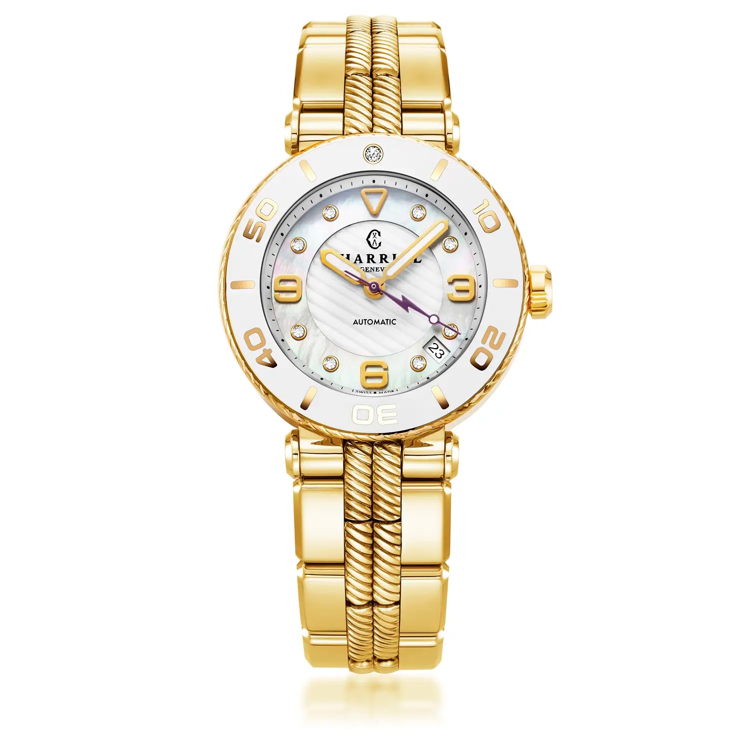 NAVIGATOR SURF, 36MM, CALIBRE AUTOMÁTICO, ESFERA BLANCA, BISEL BLANCO, PVD ORO AMARILLO PULSERA INTERCAMBIABLE - Charriol Geneve - Relojes