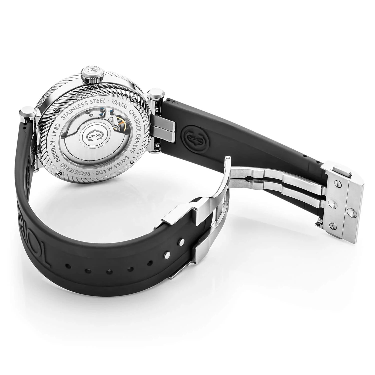 NAVIGATOR SURF, 41MM, CALIBRE AUTOMÁTICO, ESFERA LUMINOVA NEGRA Y PLATA, BISEL UNIDIRECCIONAL NEGRO Y PLATA, PULSERA INTERCAMBIABLE DE GOMA NEGRA - © 2024 Charriol - Relojes