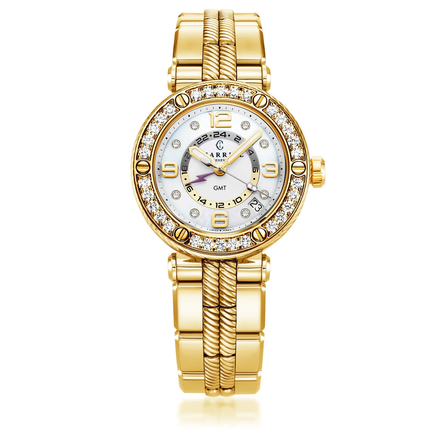 NAVIGATOR SURF GMT, 36MM, CALIBRE GMT CUARZO, ESFERA BLANCA, 30 DIAMANTES BEZEL, PVD ORO AMARILLO PULSERA INTERCAMBIABLE - Charriol Geneve - Relojes