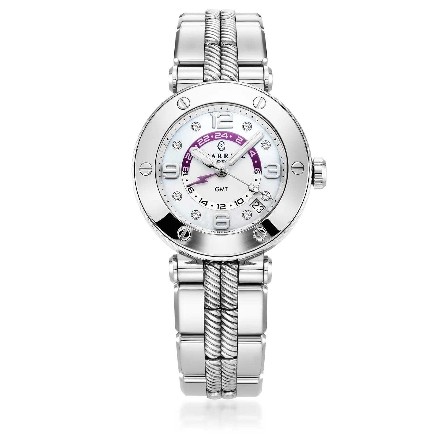 NAVIGATOR SURF GMT, 36MM, CALIBRE GMT CUARZO, ESFERA BLANCA, BISEL 6 TORNILLOS, PULSERA INTERCAMBIABLE ACERO - Charriol Geneve - Relojes