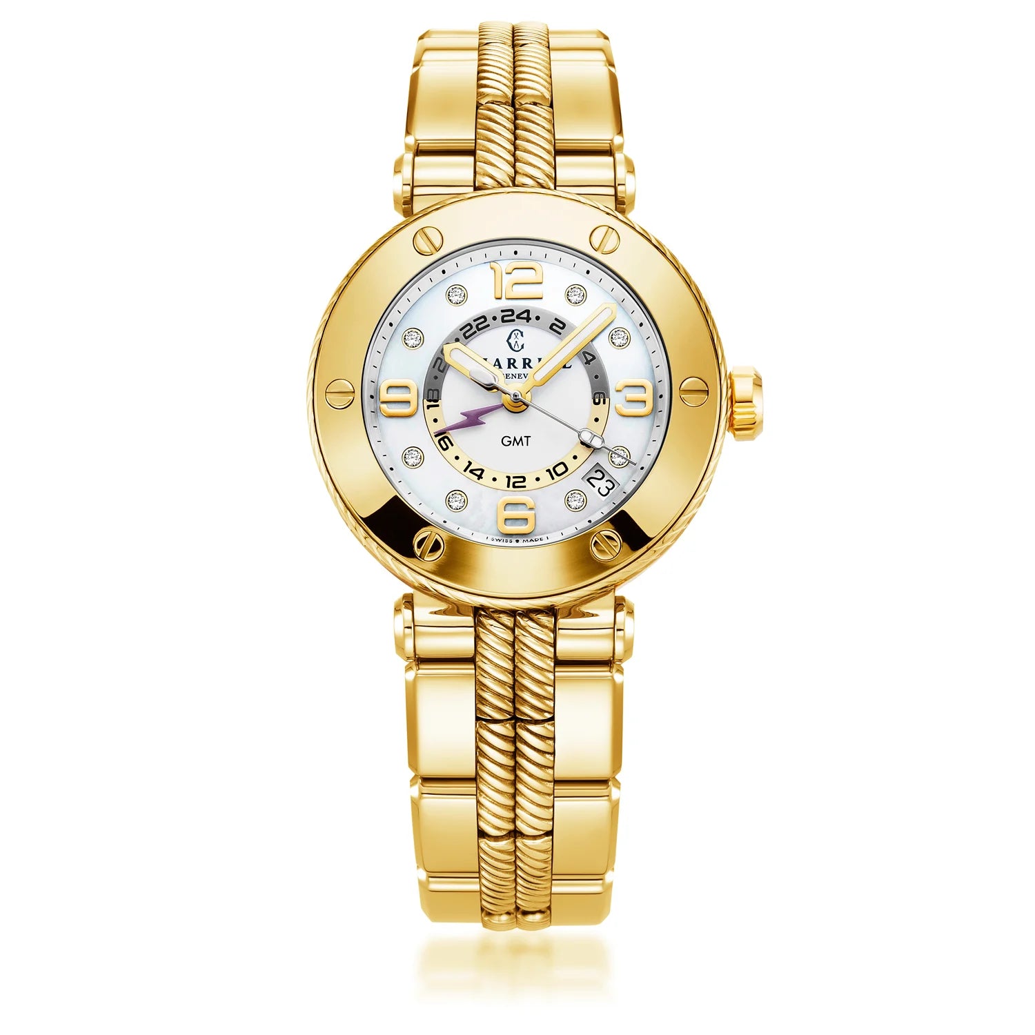 NAVIGATOR SURF GMT, 36MM, CALIBRE GMT CUARZO, ESFERA BLANCA, BISEL 6 TORNILLOS, PULSERA INTERCAMBIABLE ACERO ORO AMARILLO - Charriol Geneve - Relojes