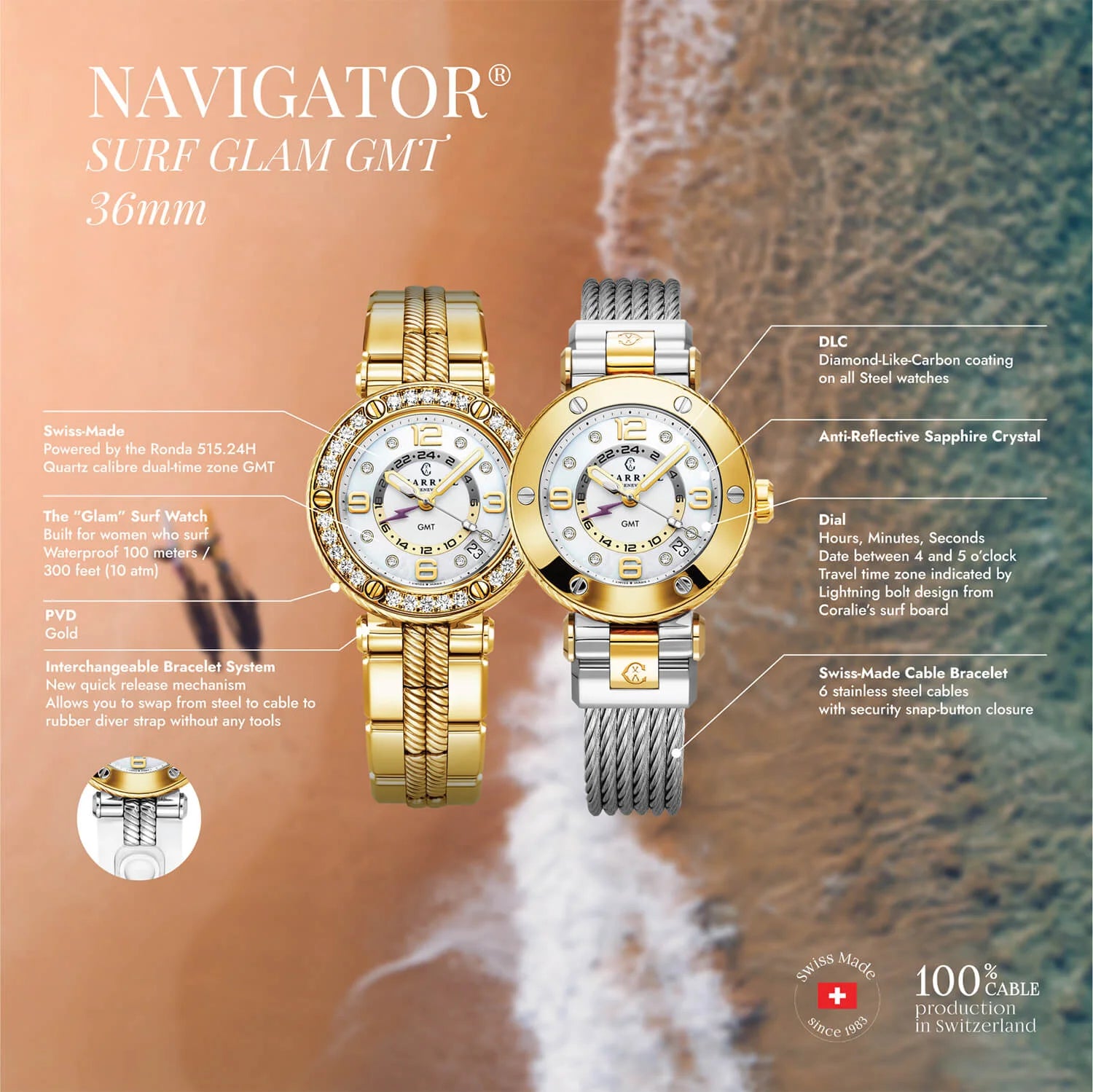 NAVIGATOR SURF GMT, 36MM, CALIBRE GMT CUARZO, ESFERA BLANCA, 30 DIAMANTES BEZEL, PVD ORO AMARILLO PULSERA INTERCAMBIABLE - Charriol Geneve - Relojes