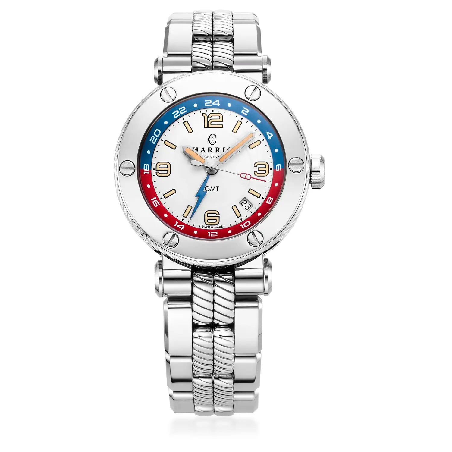 NAVIGATOR SURF GMT, 41MM, CALIBRE AUTOMÁTICO, ESFERA BLANCA, BISEL DE 6 TORNILLOS, PULSERA INTERCAMBIABLE DE ACERO - Charriol Geneve - Relojes