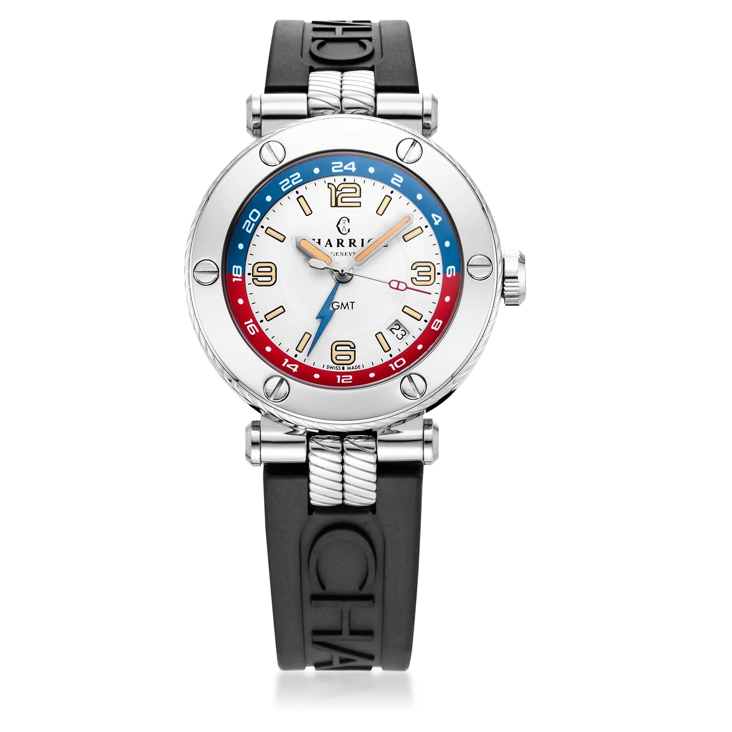 NAVIGATOR SURF GMT, 41MM, CALIBRE AUTOMÁTICO, ESFERA BLANCA, BISEL DE 6 TORNILLOS, CORREA INTERCAMBIABLE DE GOMA NEGRA - Charriol Geneve - Relojes