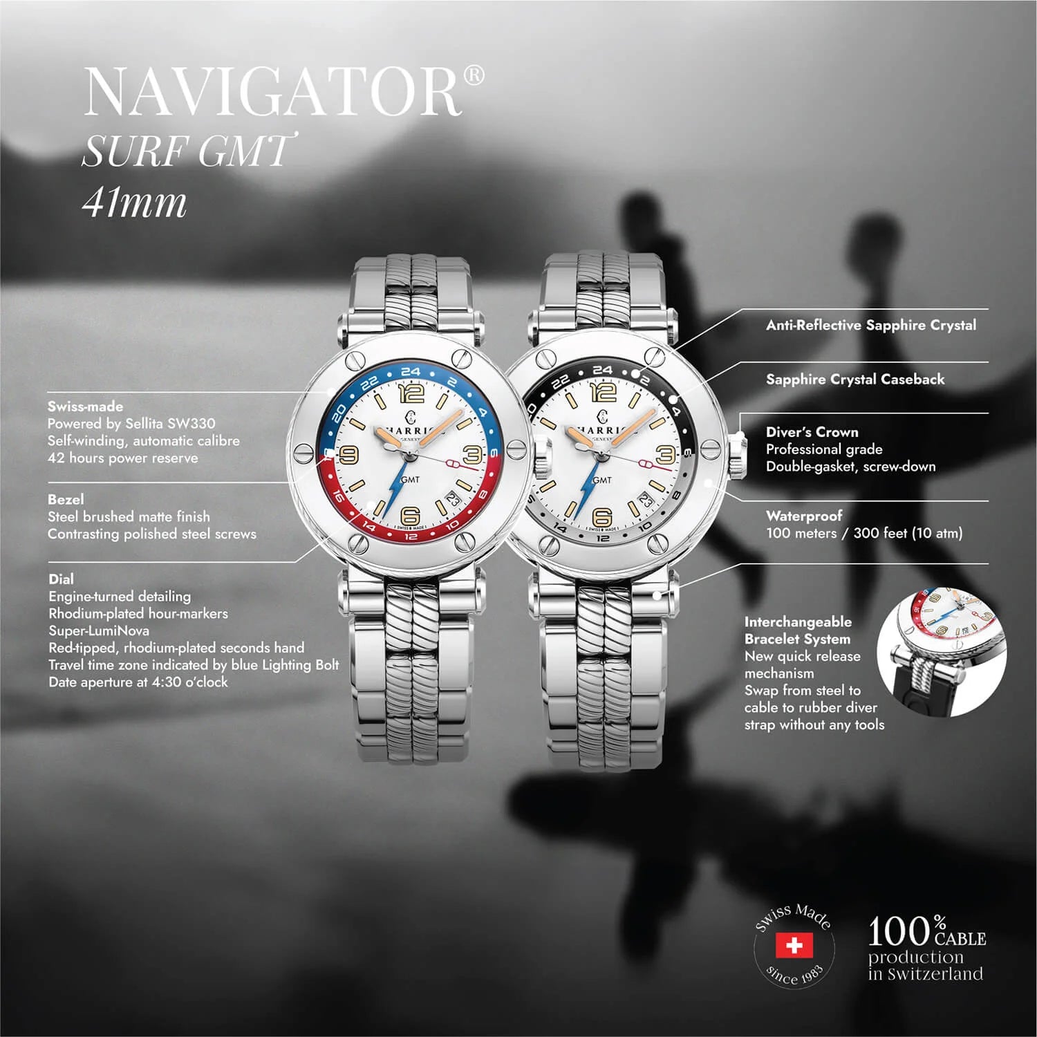 NAVIGATOR SURF GMT, 41MM, CALIBRE AUTOMÁTICO, ESFERA BLANCA, BISEL DE 6 TORNILLOS, PULSERA INTERCAMBIABLE DE ACERO - Charriol Geneve - Relojes