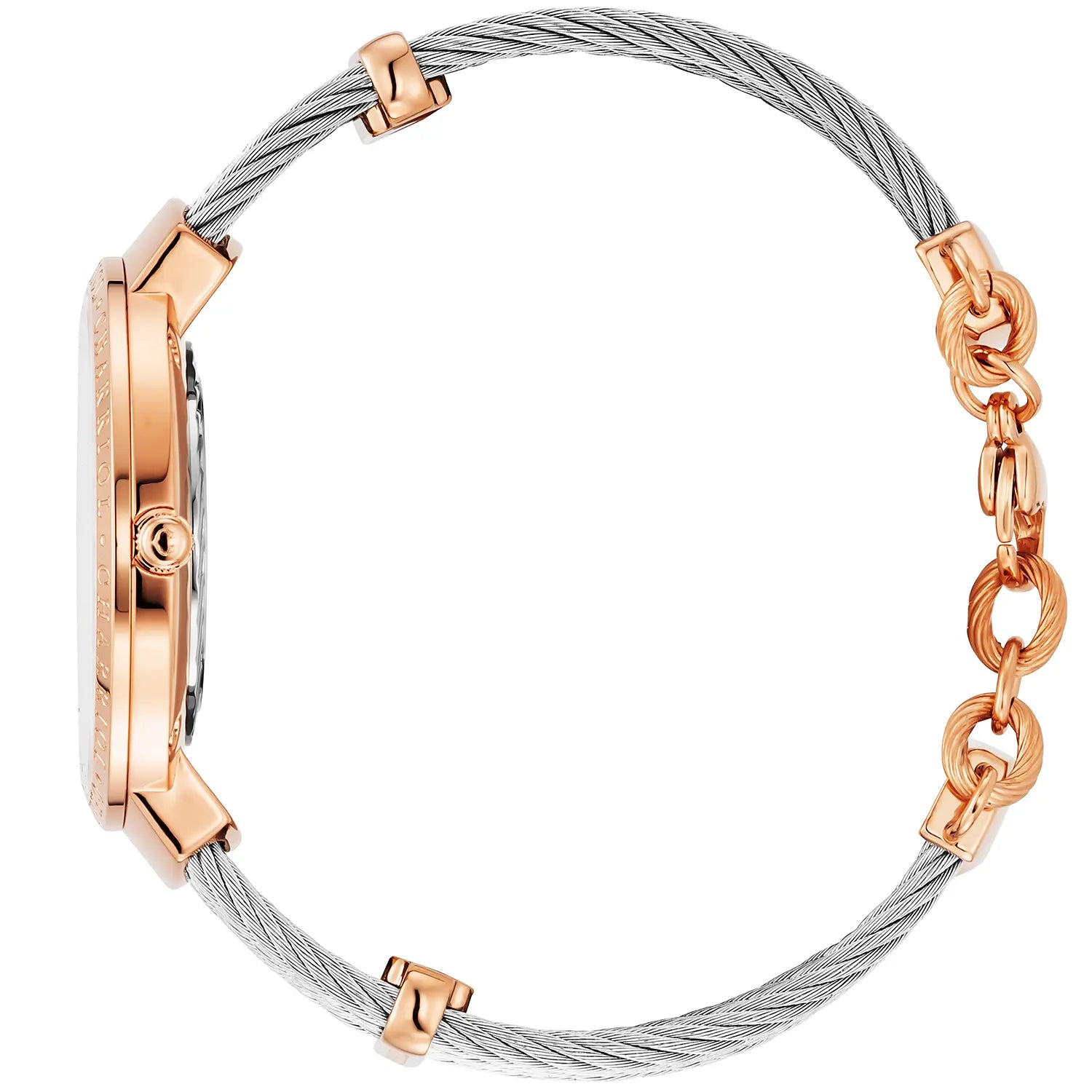 SLIM, 34MM, CUARZO CALIBRE, PERLA CON 12 DIAMANTES DIAL, "CHARRIOL CHARRIOL " BEZEL, PULSERA DE CABLE DE ACERO - Charriol Geneve - Relojes