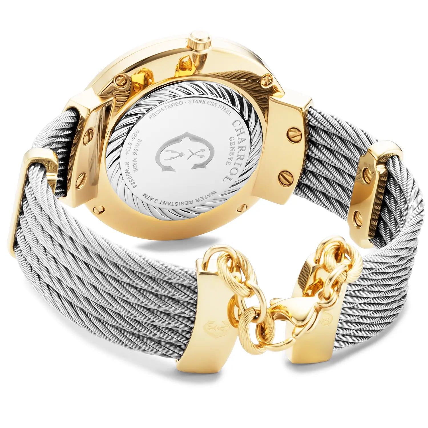 SLIM, 34MM, CUARZO CALIBRE, PERLA CON 12 DIAMANTES DIAL, "CHARRIOL CHARRIOL " BEZEL, PULSERA DE CABLE DE ACERO - Charriol Geneve - Relojes