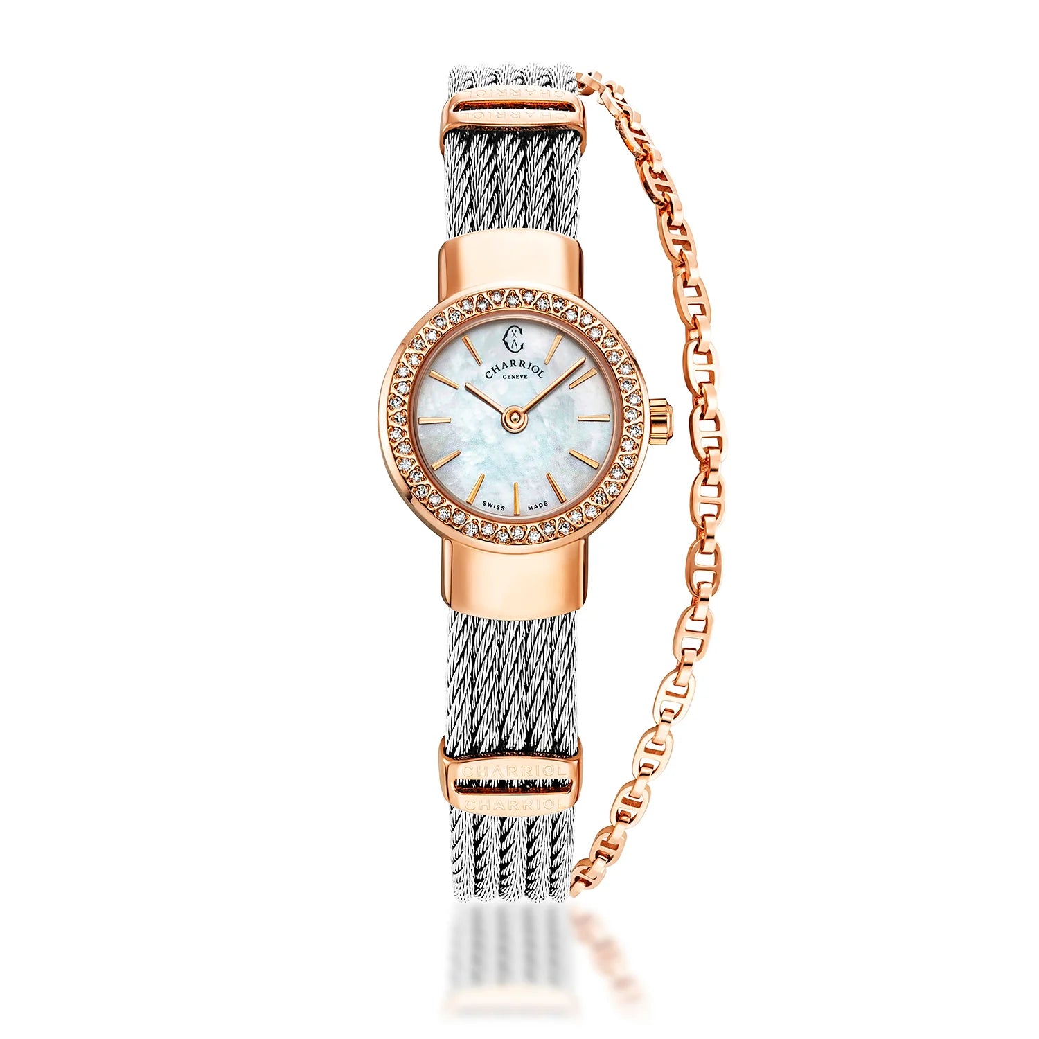 St Tropez Icon 20mm Watch Rose Gold PVD, Steel Cable, 48 Diamonds Bezel and White MOP Dial - Charriol Geneve - Watch