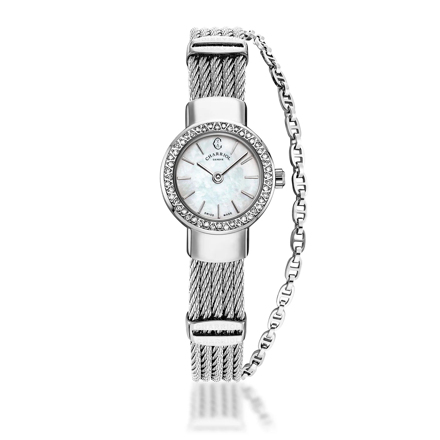 St Tropez Icon 20mm Watch Stainless Steel, Steel Cable, 48 Diamonds Bezel and White MOP Dial - Charriol Geneve - Watch