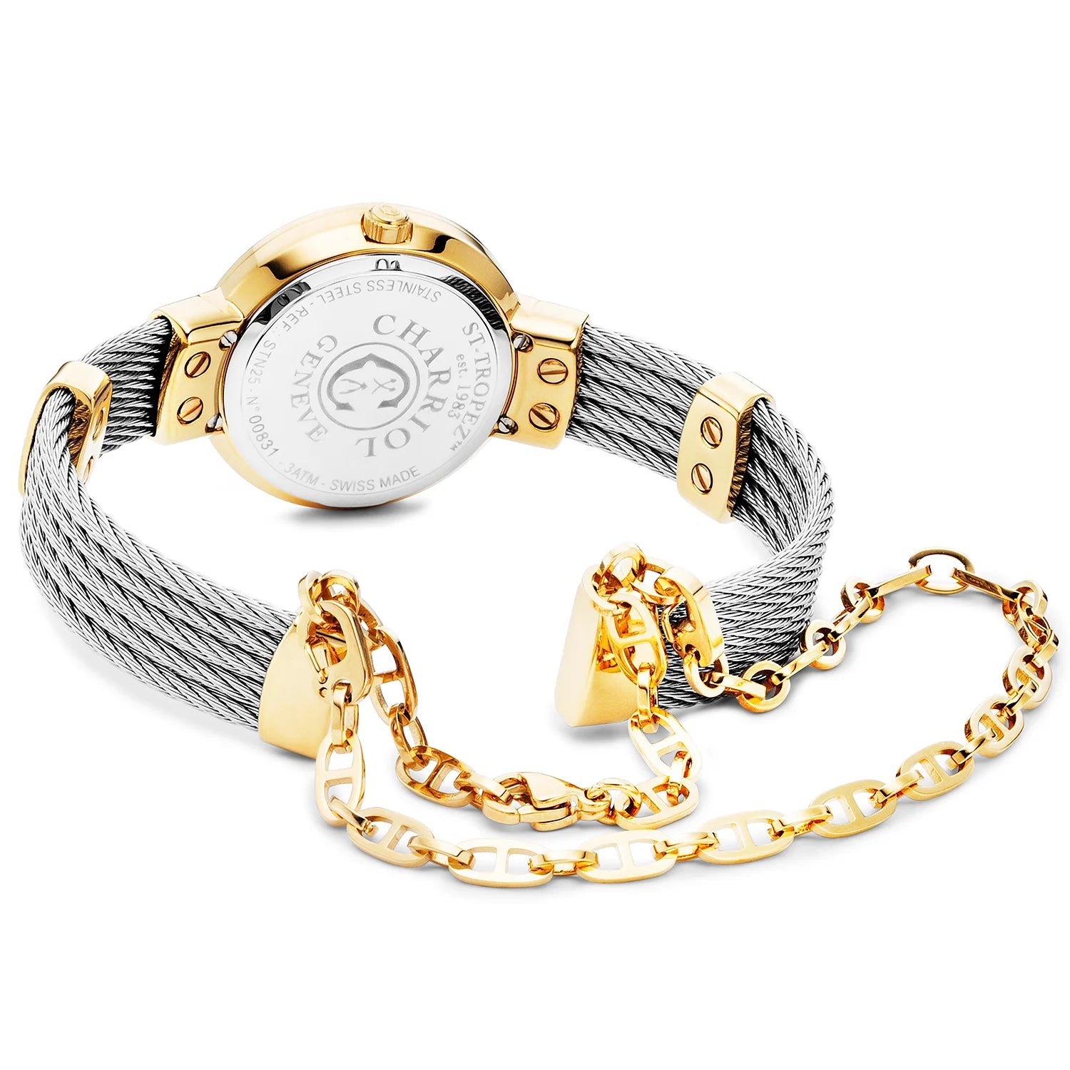 ST TROPEZ, 25MM, CALIBRE CUARZO, ESFERA DE PERLA MADRE, PVD ORO AMARILLO CON 36 DIAMANTES, PULSERA DE CABLE DE ACERO - Charriol Geneve - Watch