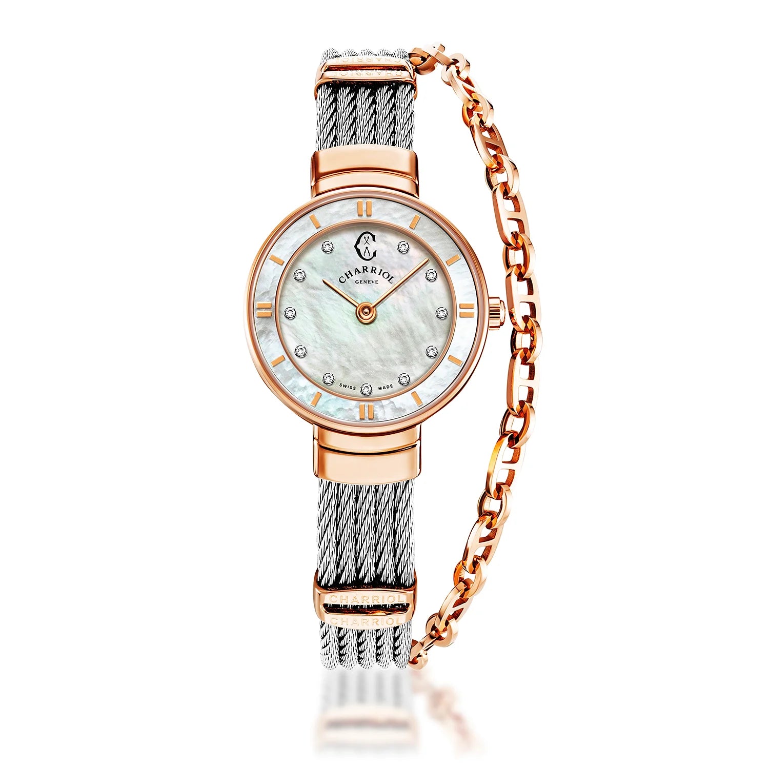 ST TROPEZ, 25MM, QUARTZ CALIBRE, MOTHER-OF-PEARL WITH 11 DIAMONDS DIAL, MOTHER-OF-PEARL BEZEL, STEEL CABLE BRACELET - Charriol Geneve - Watch